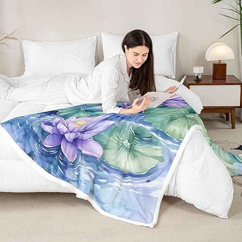 Miniatura 4 de Manfei Manta de flores de loto morado, manta de cama bohemia con libélula para niños, niñas, adultos, manta floral de acuarela para sofá, manta de