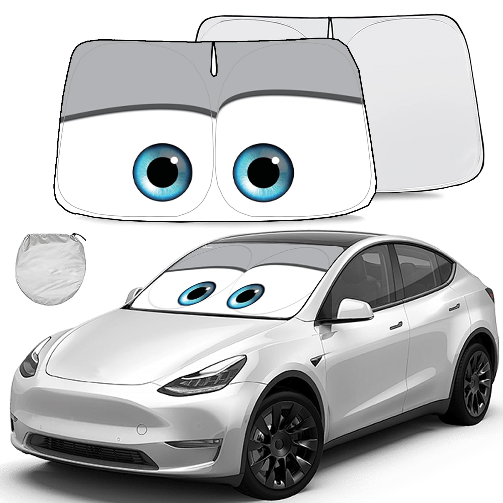 Gven Sunshade for Tesla Model Y Accessories 2025 Funny Eyes Windshield Sun Shade Car Front Window Shade for Tesla Model 3 Accesssories Dual-Sided Versatility (Grey Eyes)