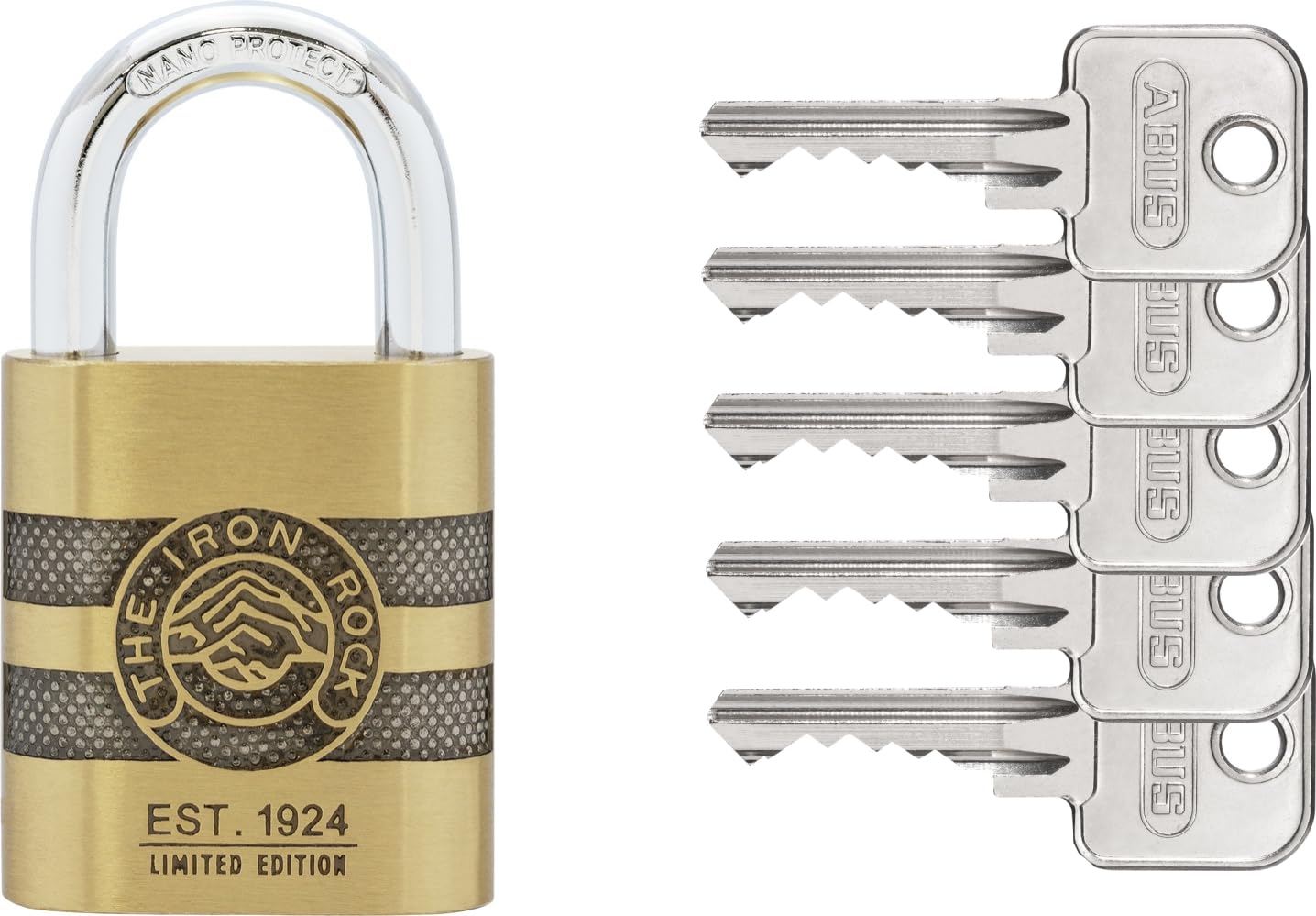 ABUS IRON ROCK 83/45 - Candado de latón con 5 llaves contra grillete de acero endurecido, nano protect, resistente a la intemperie, nivel 8