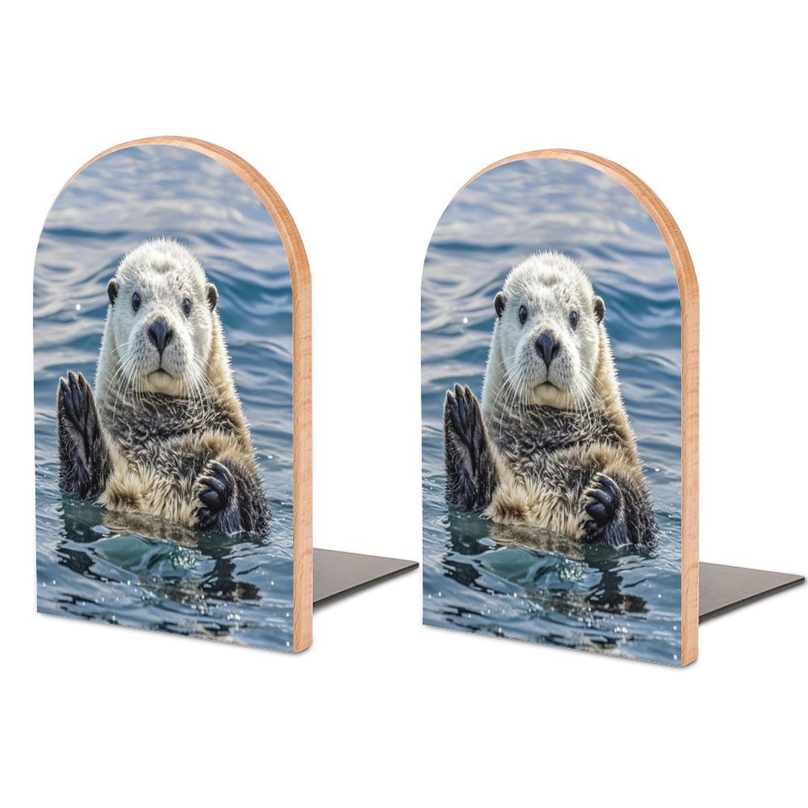 Sea Otter Bookend Non-Skid Wooden Bookends for Shelves Heavy Duty Wood Book Ends Decorative Book Stopper Book Stand Non-Slip Book Organizer for Home Office Library