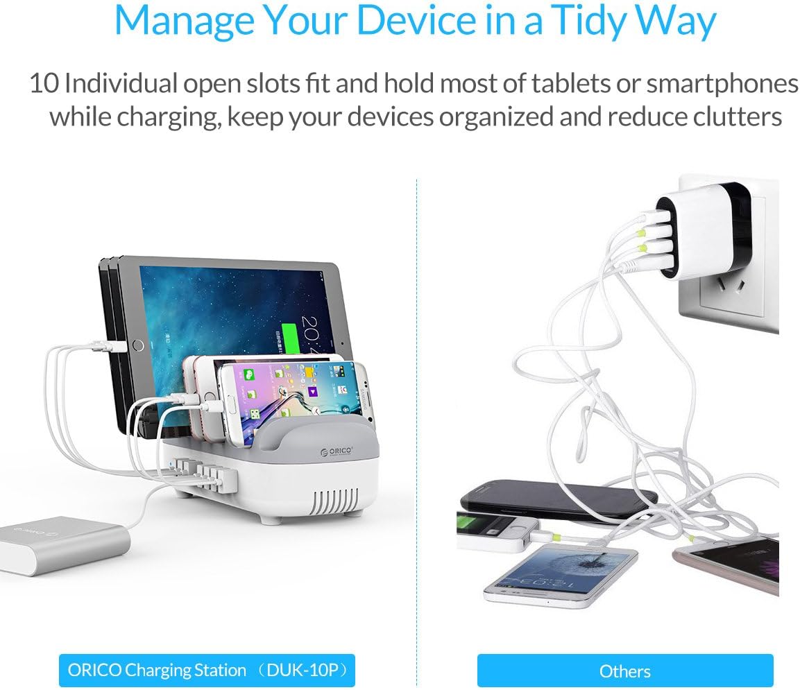 ORICO USB Charging Station, 120W Charging Docking Organizer for Multiple Devices, 10-Ports USB Charging Station Compatible with iPad, iPhone, Tablet, Kindle and Cell Phones (Cables not Included)