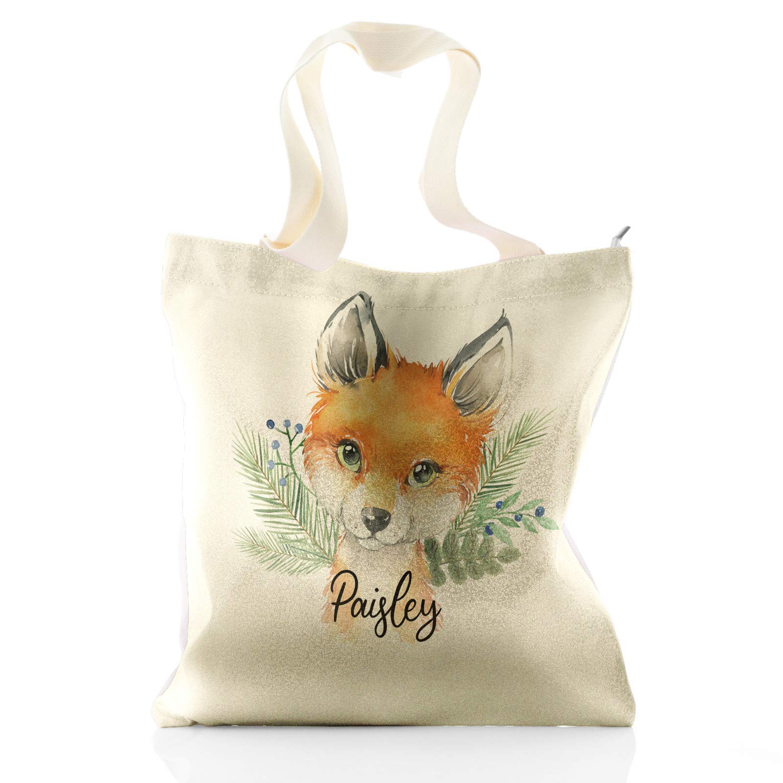 Hairyworm Personalised Tote Bag, Champagne Glitter Bag Customised with Initial/Name/Text, Red Fox Blue Berries Design, Gift bag, Shopping Bag, Size: (37cm x 34cm)
