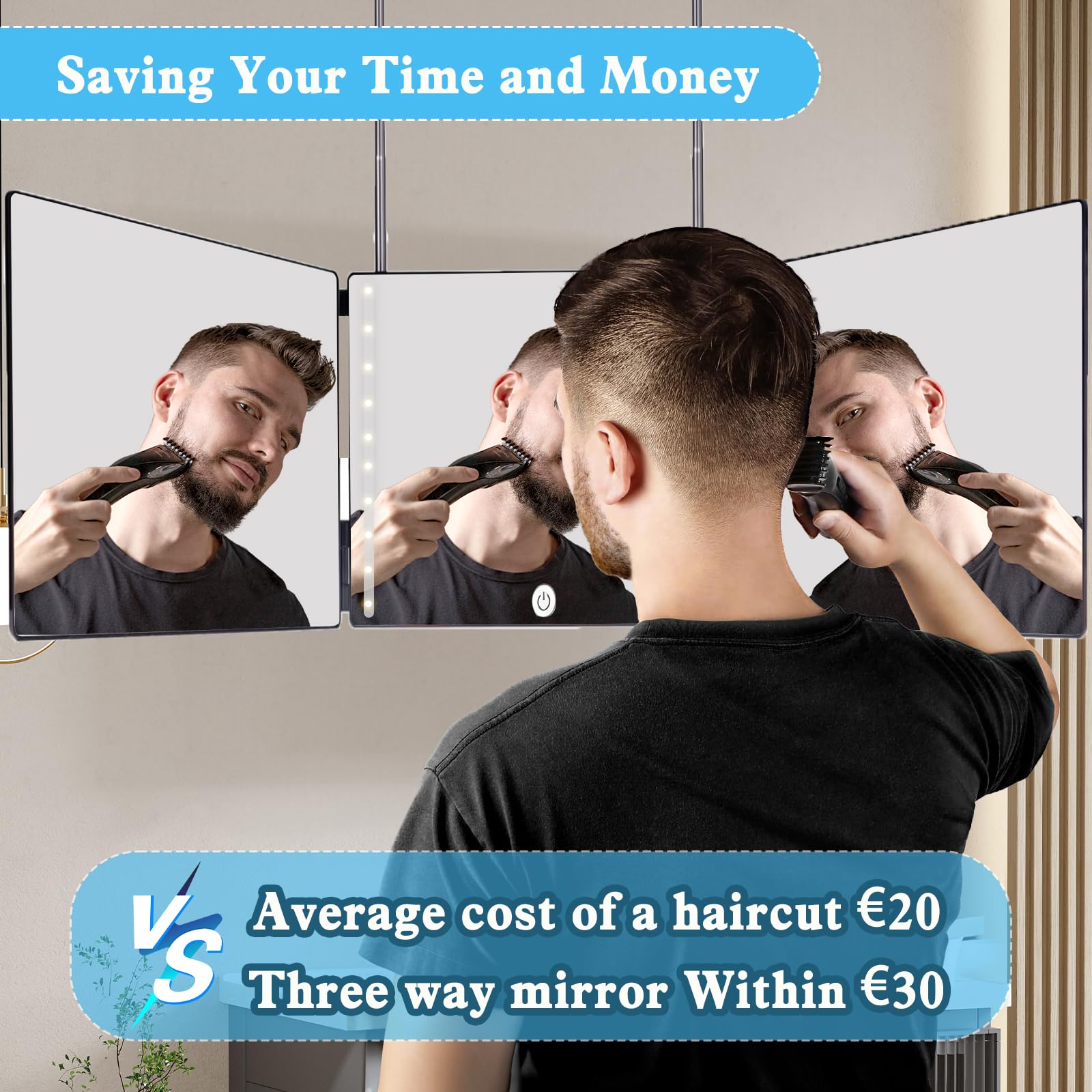 Specchio da Taglio A 360 Gradi, Specchio 360 Gradi Capelli con LED, Specchio Trucco a 3 Vie, Tagliare I Capelli da Soli