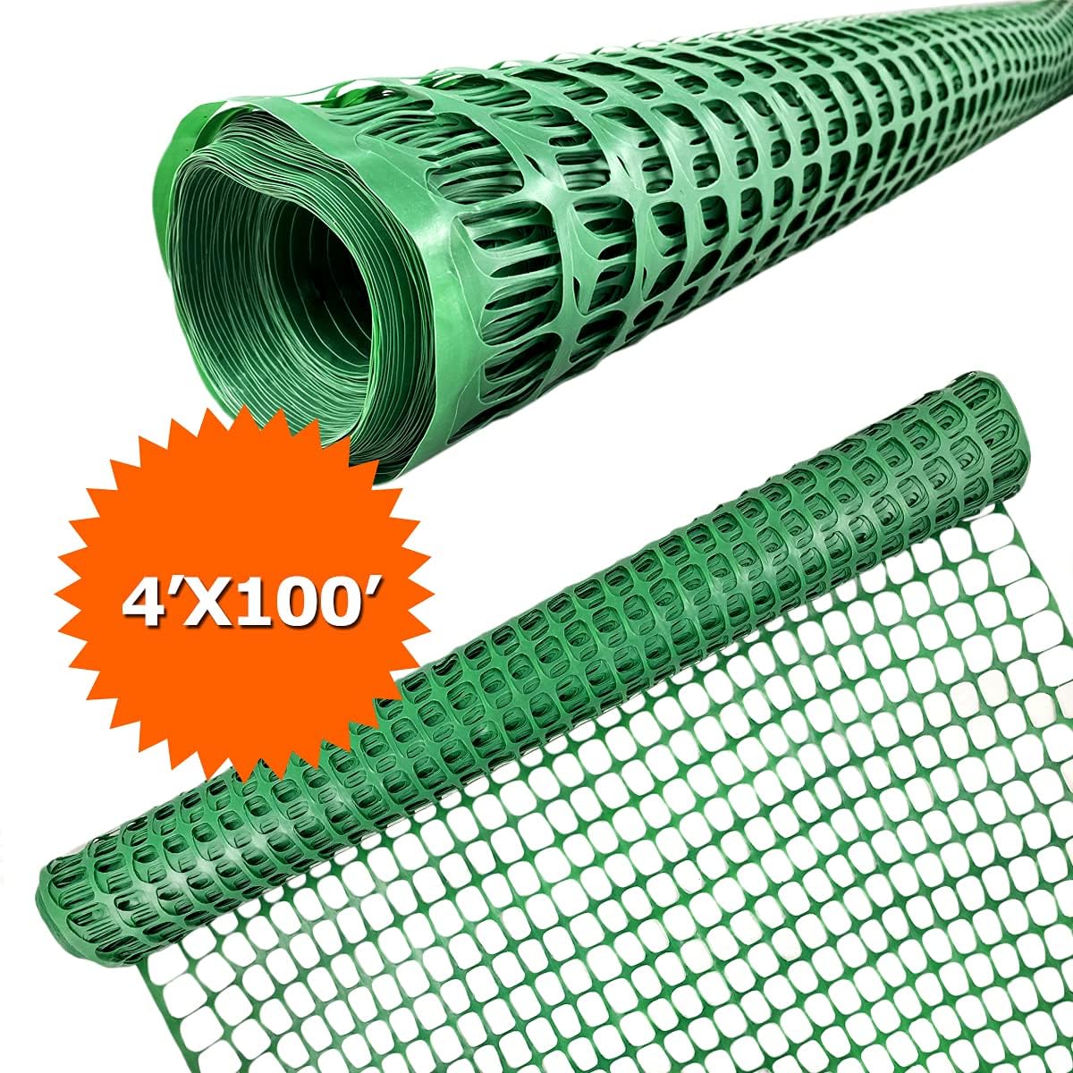 Ashman Plastic Mesh Fence, Construction Barrier Netting, Green, 4'x100' Feet, 1 Roll, Garden Fencing, Fences Wrap, Above Ground, for Snow, Poultry, Chicken, Deer, Patio, Garden Netting, Green 100FT