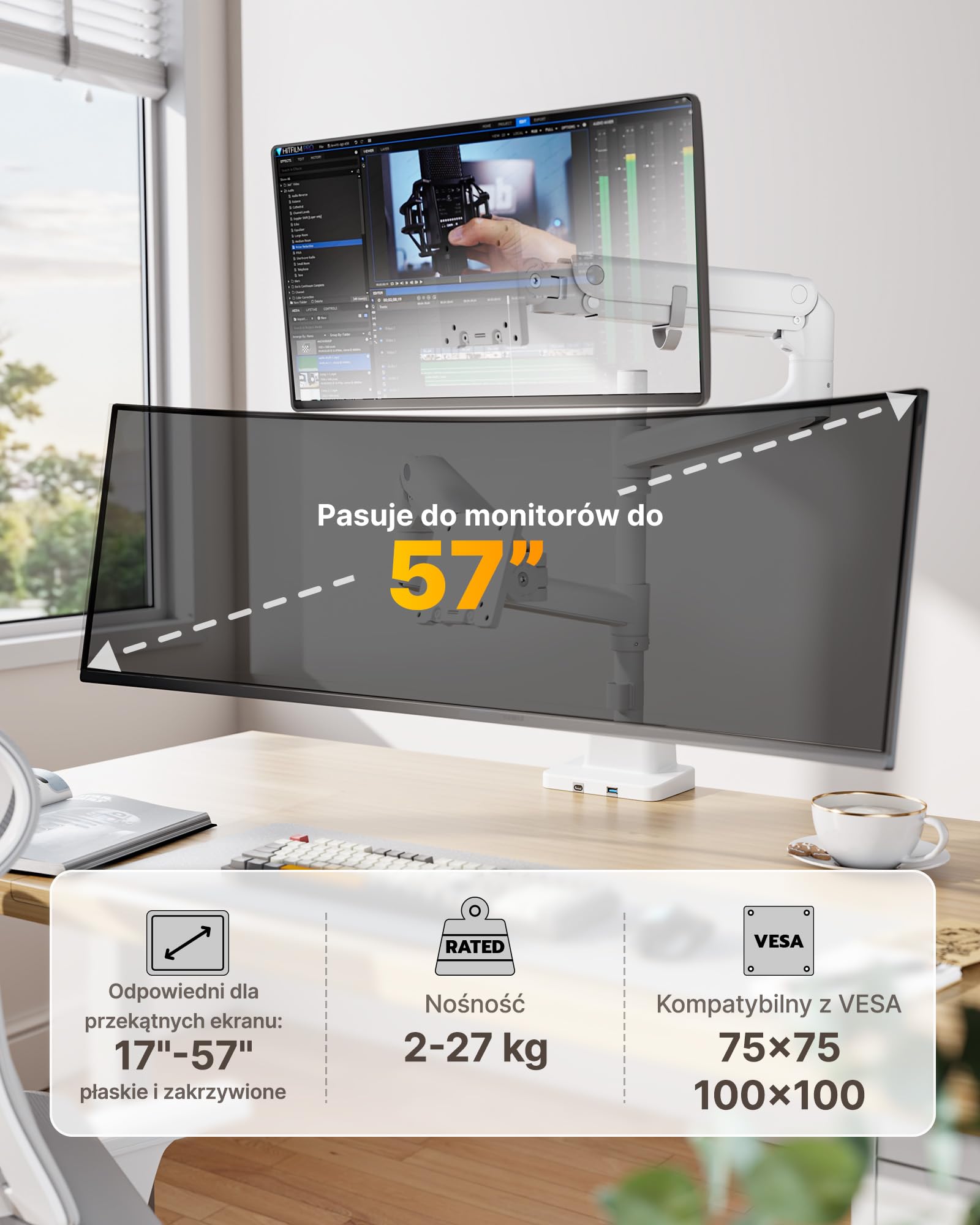monTEK Podwójne Ramię do Monitora z USB 17-57", do 27 kg