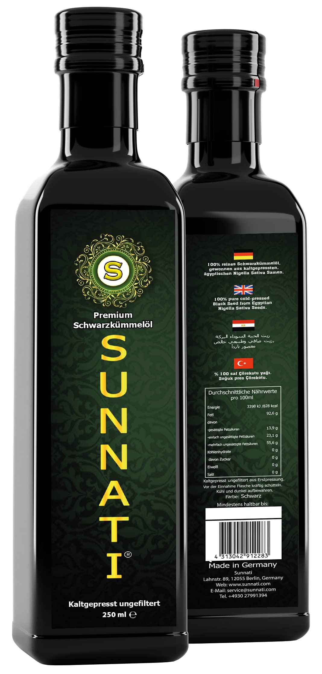 Sunnati® Olio di cumino nero non filtrato, spremuto a freddo, 100% puro 4 x 250 ml (1000 ml)