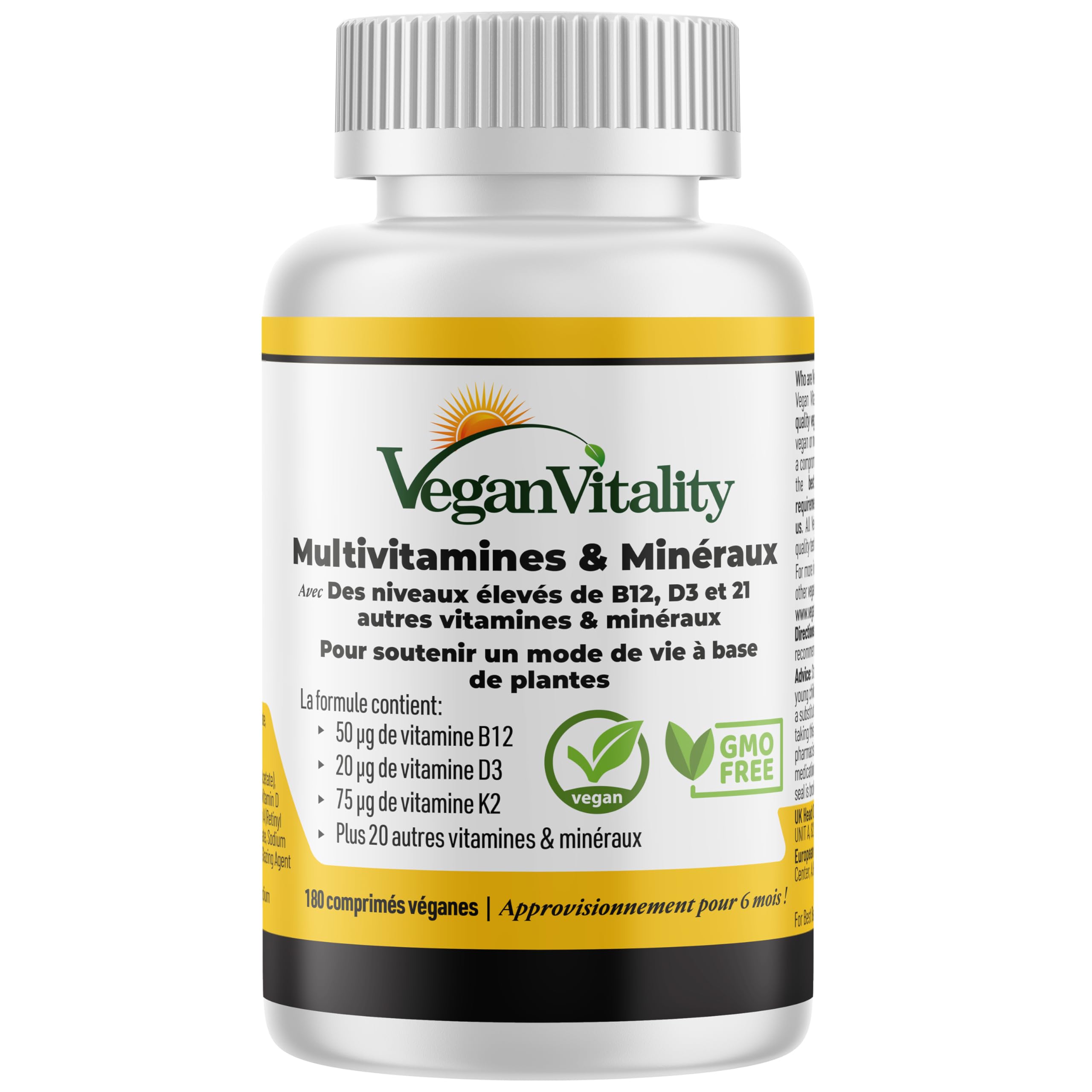 Multivitamines et minéraux vegan – Source renforcée de vitamine C, vitamine k2, B12 et fer - 180 pilules vegan multivitamines. 6 mois de complément alimentaire vegan & végétarien