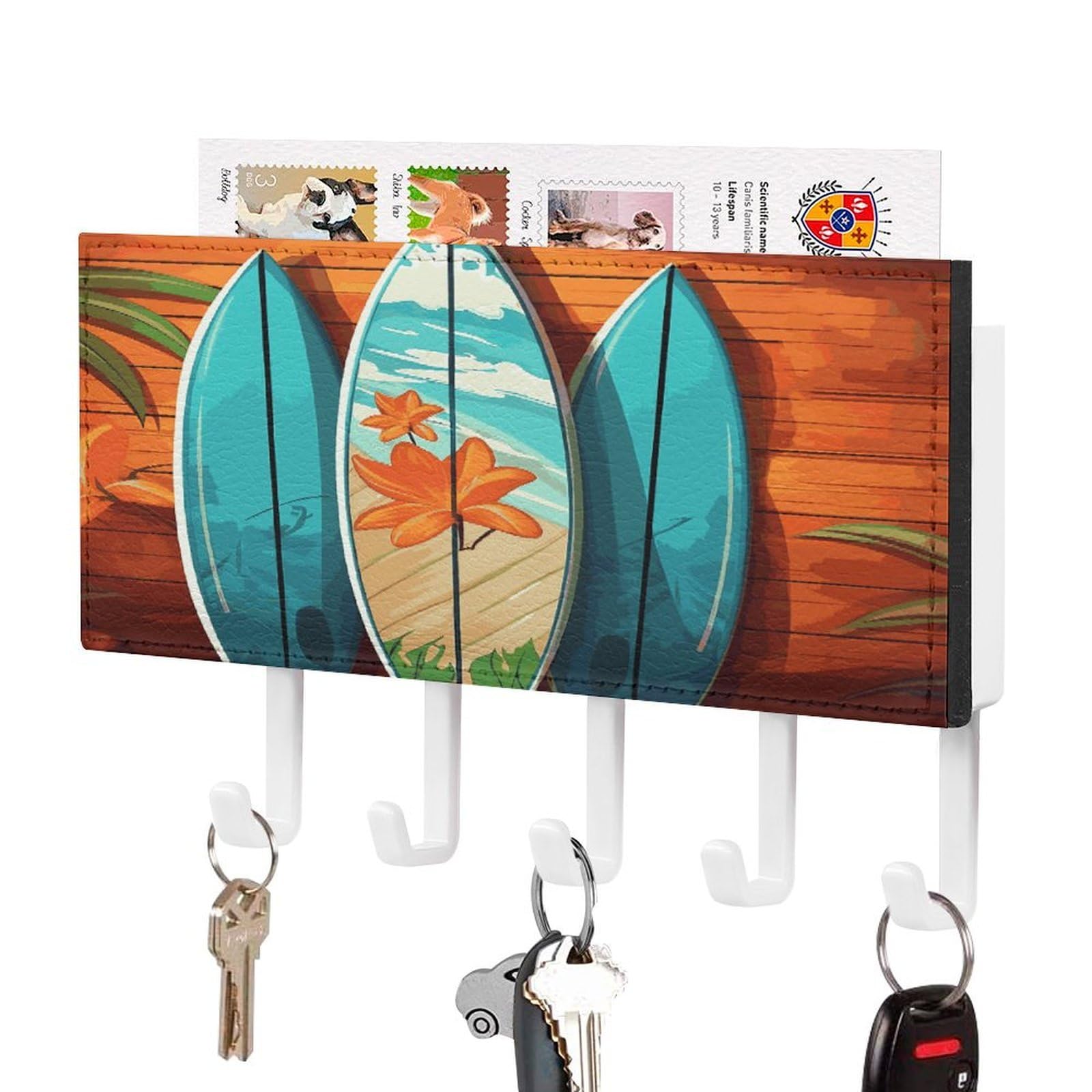 LDGSUPH Surfboard on Wooden Key Holder Wall Mount Key Hanger with 5 Hooks Fashion Key Organizer Rack Hanging Key Hooks with Mail Organizer Key Rack for Home Entryway Hallway White-Style