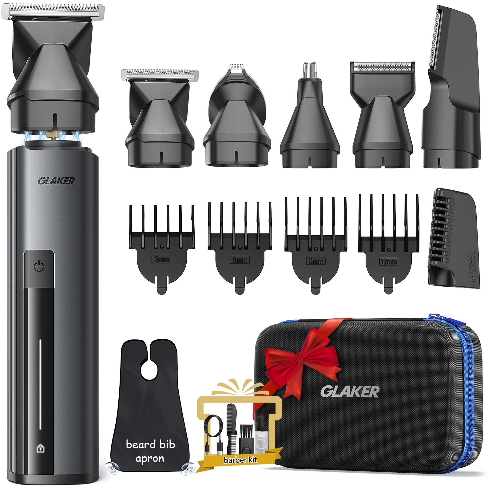 GLAKER Rasoio Elettrico Barba 6 in 1 – Regola Barba Elettrico Uomo Impermeabile per Barba, Capelli, Corpo, Parti Intime e Naso con Testine Intercambiabili