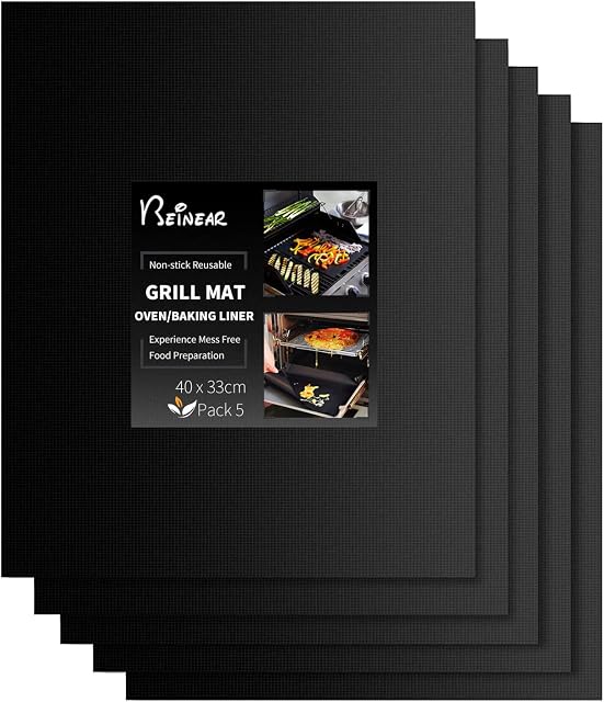 Beinear BBQ Grill Mats - 5 Pack 40 x 33 cm Heavy Duty Non Stick Reusable Teflon Barbecue Mats for Charcoal, Gas or Electric Grill Sheets, Universal Liners for Oven, Baking Mat