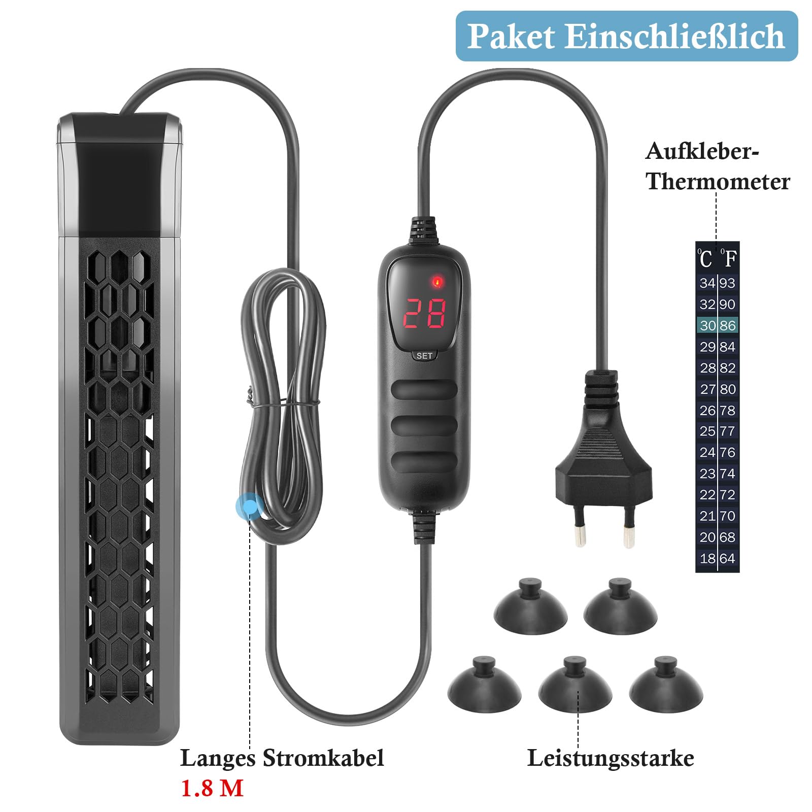 FEDOUR 200W 400W Aquarium PTC Heizung mit Kontrolleur: Digitales Aquarium Heizstab für Fisch- und Schildkrötenbecken 100-400L, Tauchbare Aquarienheizung mit Schutzgehäuse