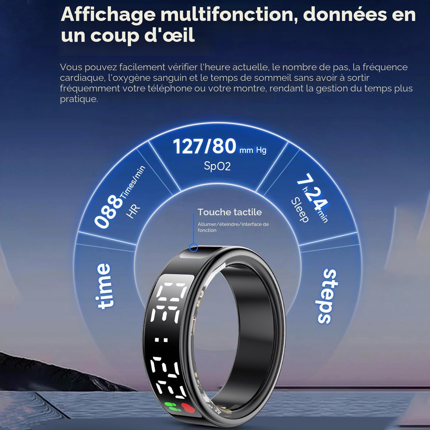 LONGLU Bague Intelligente pour Femmes Hommes avec Écran LED, Bague De Fitness avec Fréquence Cardiaque/Sommeil/Sport/Classe 5ATM Étanche, Tracker De Santé pour iPhone & Android - 9#