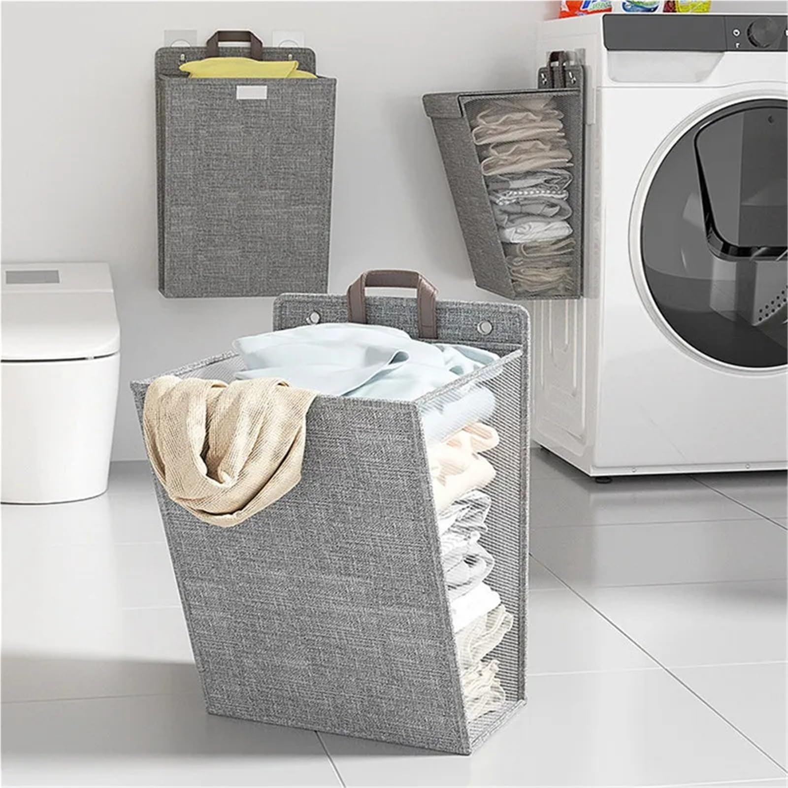 Sacco Per Bucato Sospeso Cesto portabiancheria adesivo pieghevole | Cesto multifunzionale for appendere i panni da appendere alla parete, senza perforazione(Beige M)