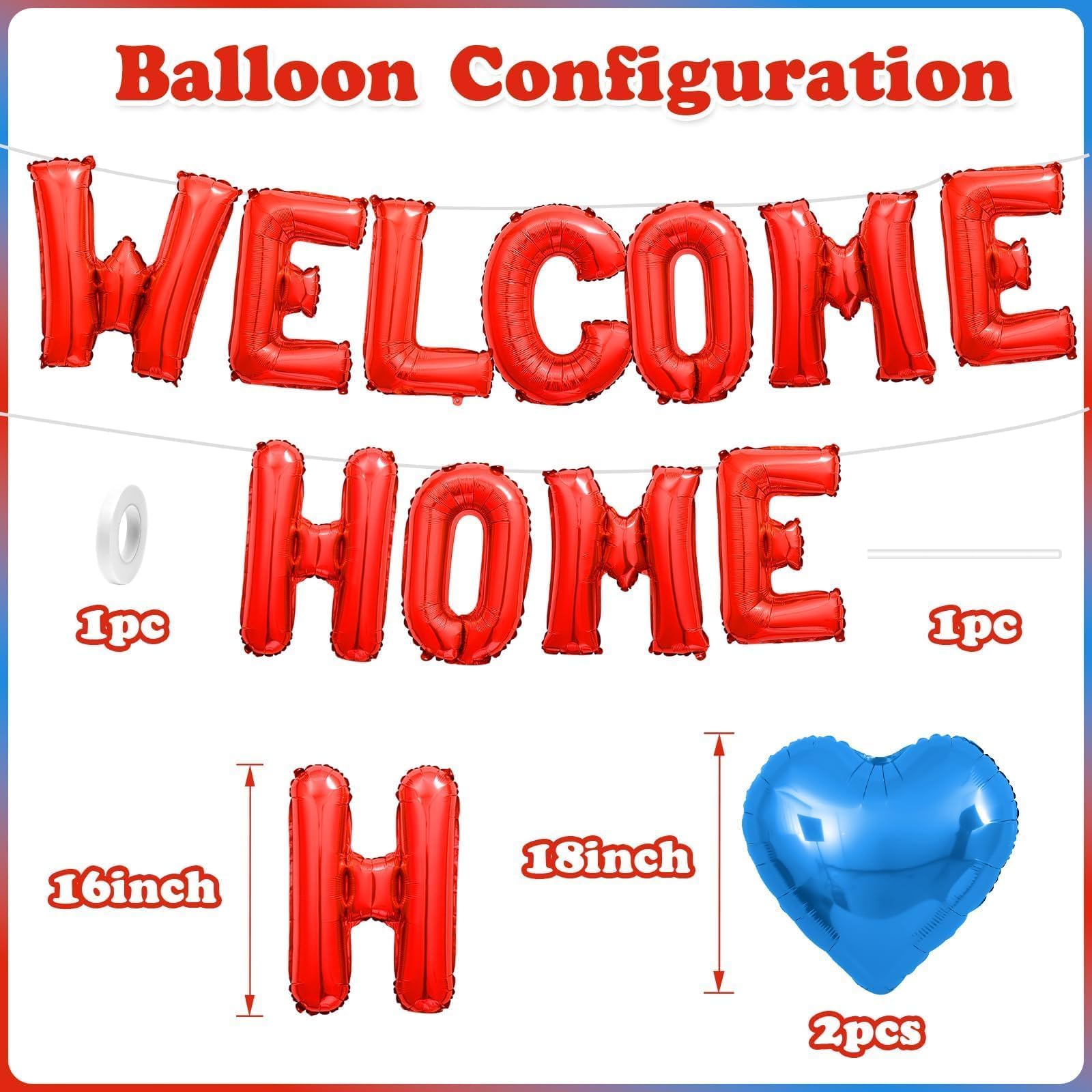 Welcome Home Balloons Blue Red,16Inch Welcome Home Foil Balloons Banner with 18Inch Heart Balloon Welcome Home Party Decorations for Homecoming Party House Warming Party Family Party Decorations - Image 2