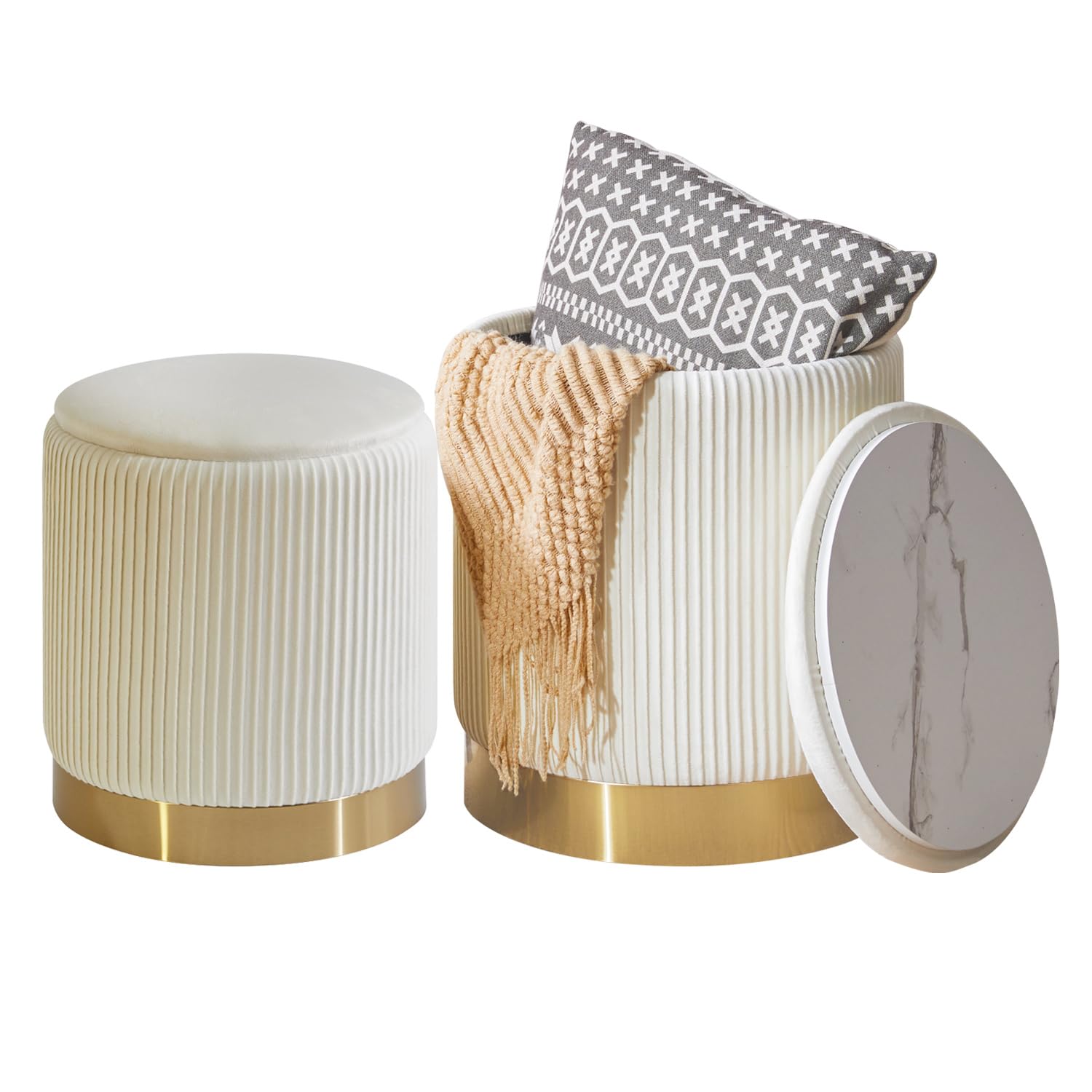IBUYKE set di 2 ottoni rotondi con stoccaggio e decorazione ad anello in metallo, velluto Vanity Sgabello per trucco, moderno sedile imbottito tavolino, poggiapiedi sgabello, bianco WBD016W