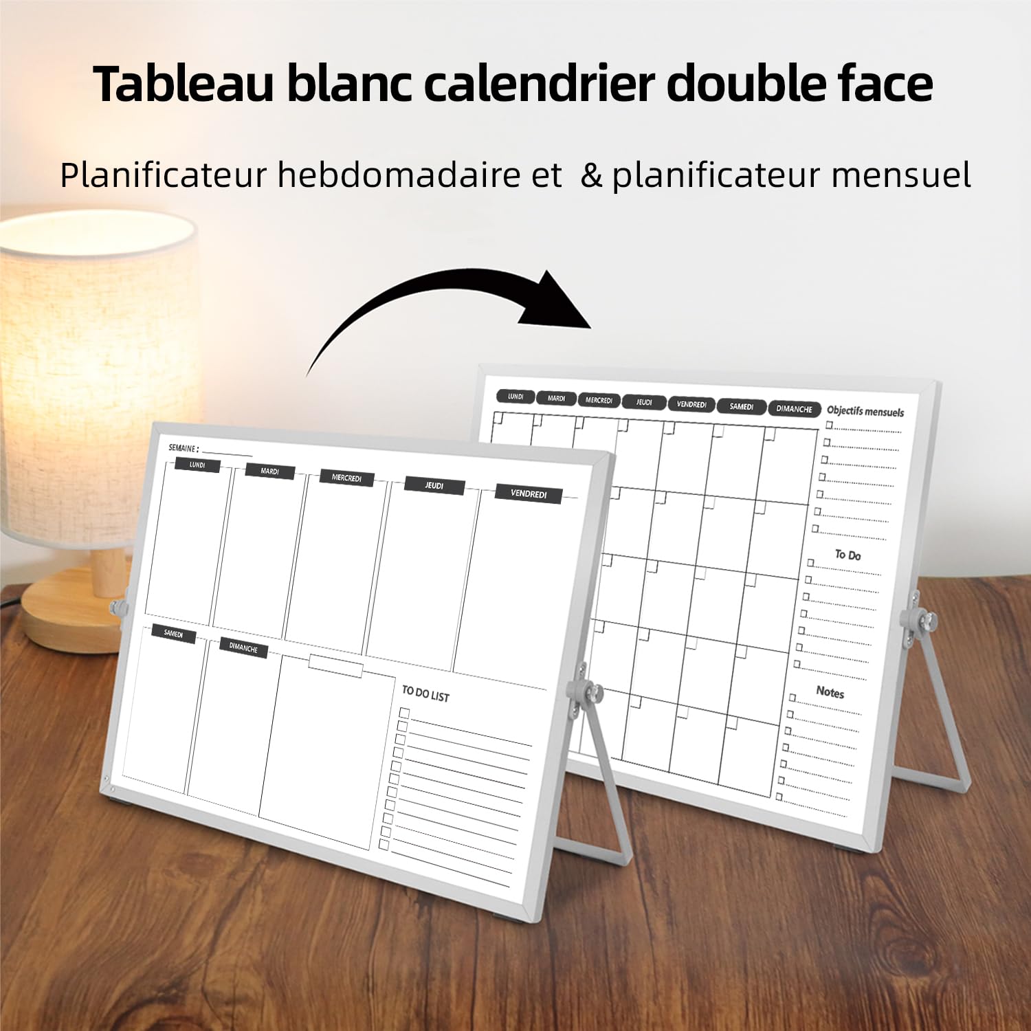 Calendrier Tableau blanc Double face 40×30cm Planificateur Semaine Mensuel effaçable