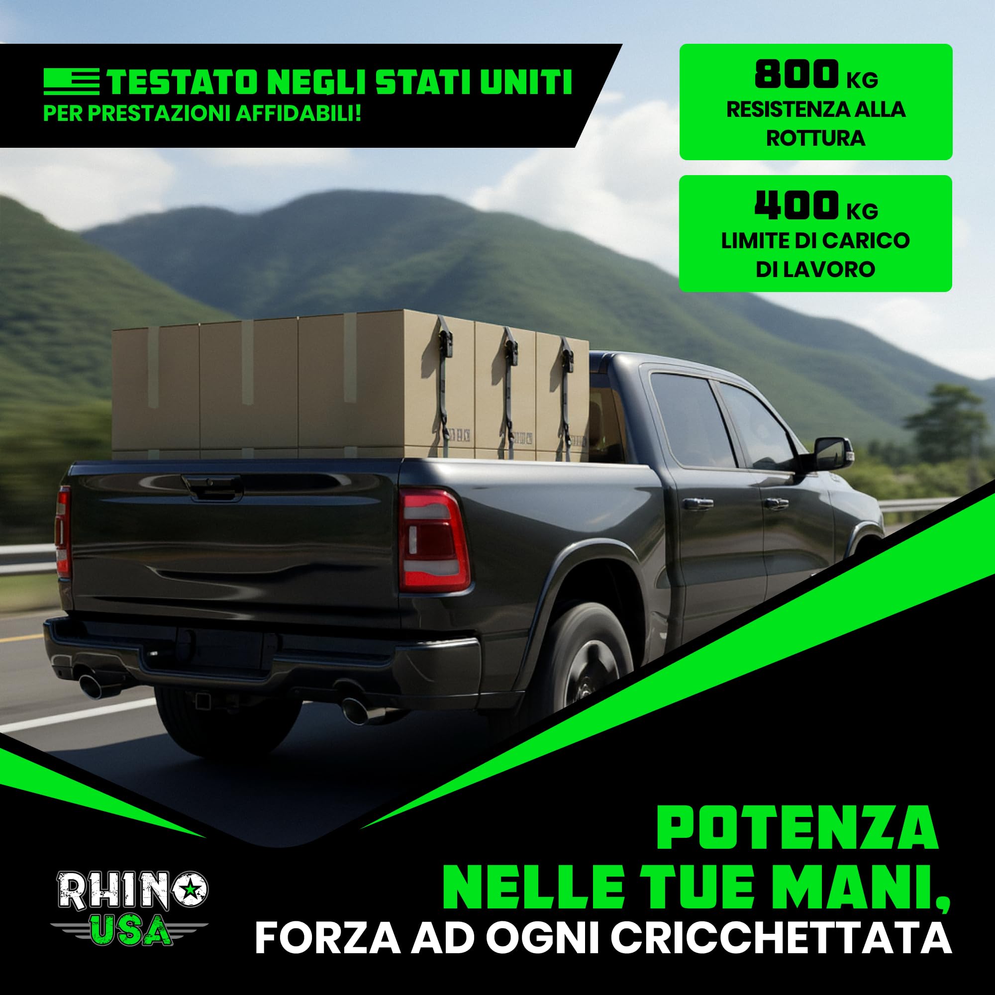 Cinghie a Cricchetto Rhino USA (4-Pack) - 2.5 cm x 4.6 m (800 kg di Resistenza alla Rottura) - Ganci a S di Sicurezza - Cinghie Premium per Camion, Carichi, Traslochi, Elettrodomestici - Nero