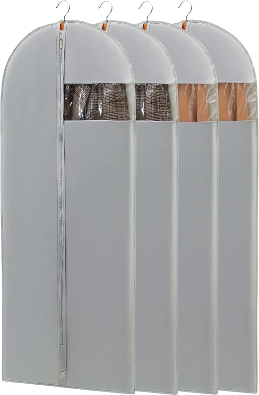 4 Pack - 65" Dress Garment Bags for Hanging Clothes, Dress Bags for Gowns Long, Foldable Long Garment Bag with Clear Window for Closet Storage and Travel - Gray