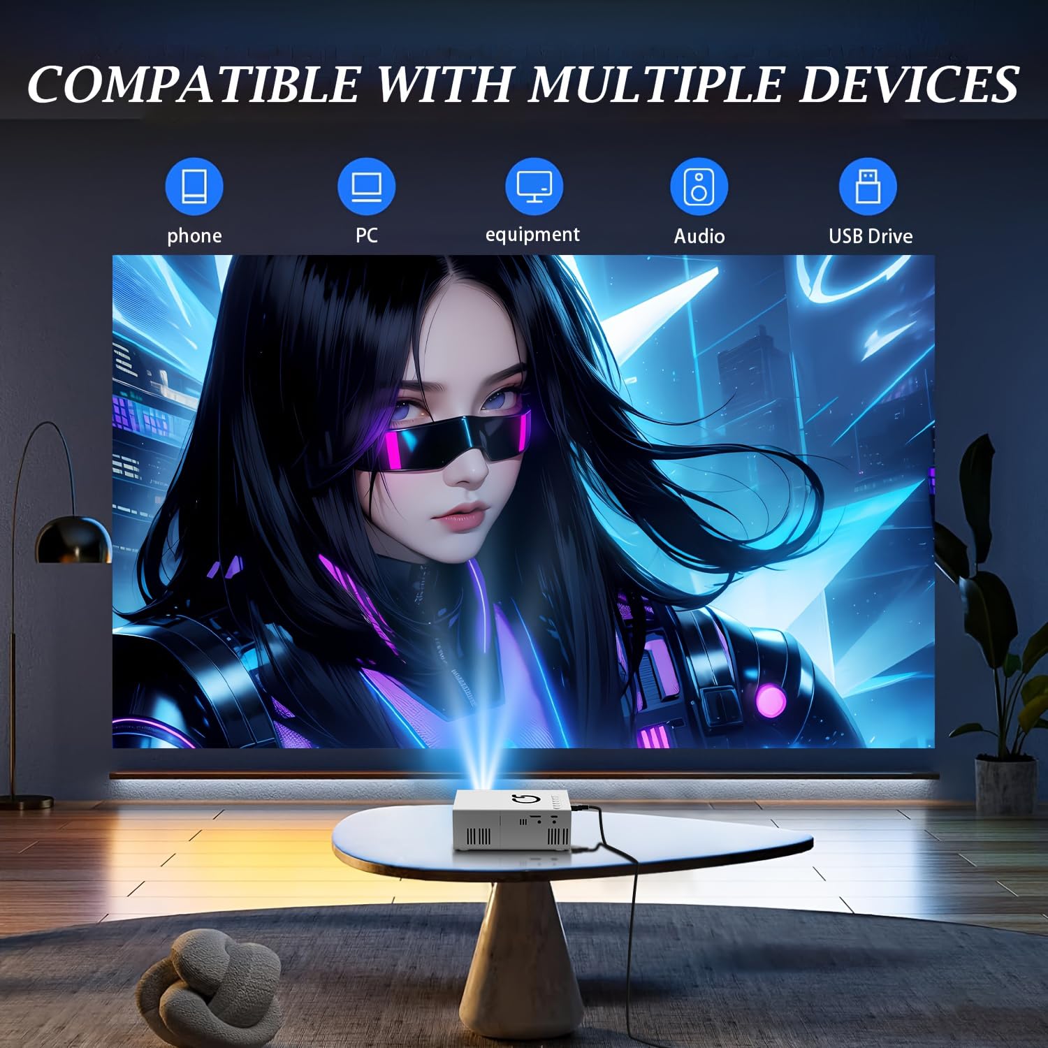 Proiettore portatile, mini proiettore, messa a fuoco rapida, compatibile con smartphone, computer, dispositivi USB e altoparlanti; ideale per home theater, uffici, salotti, camere da letto e come un