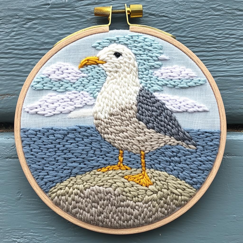 Punch Needle kit for Beginners, Ocean Seagull on Stone Pattern, Punch Stitching kit for Adults, Needle Punch Kits for Adults