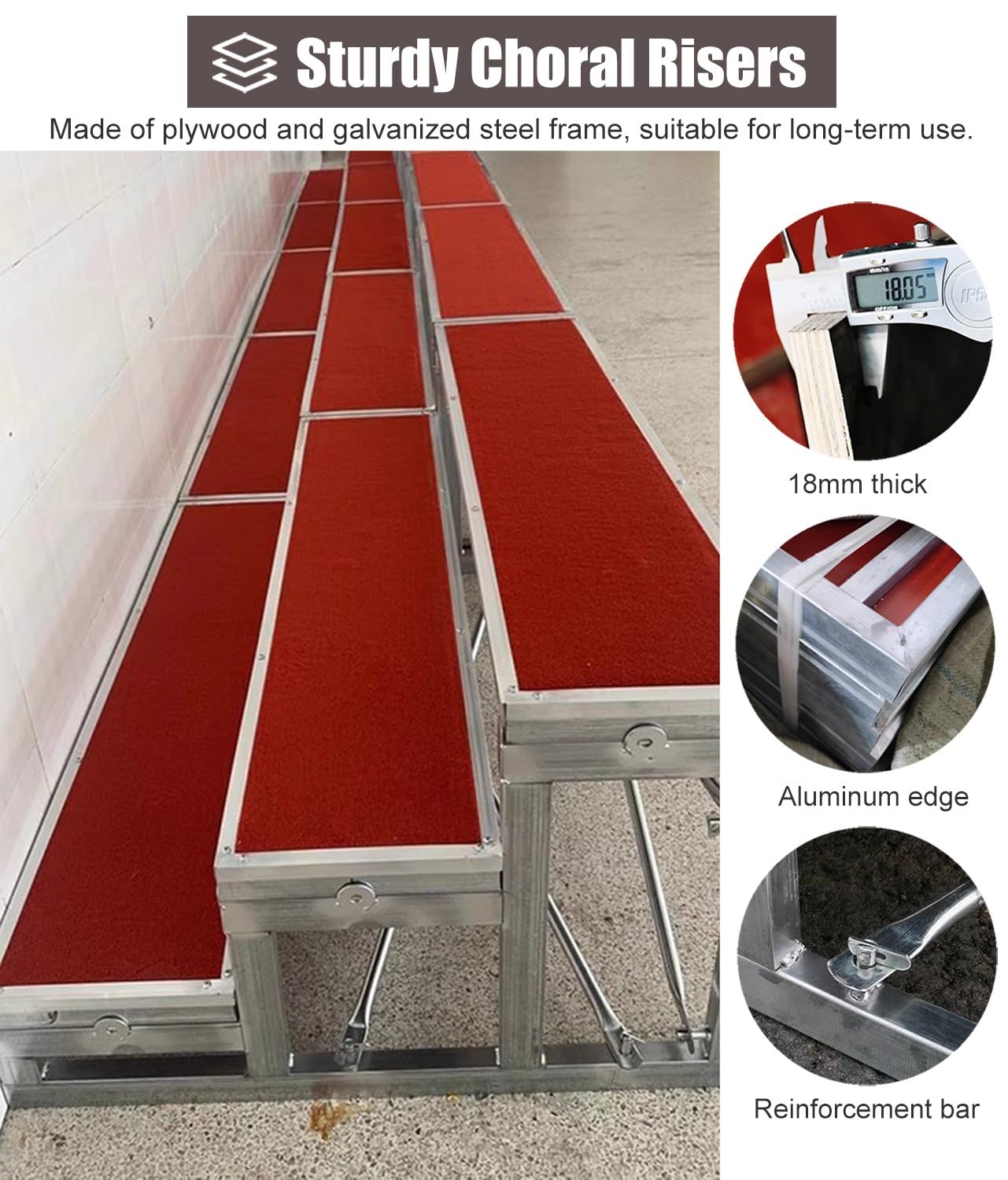Plataforma escénica, tarima roja para Coro con Alfombra - Plataforma de música Coral de 1 a 3 Niveles, gradas escalonadas para teatros y espectáculos, Duradera y fácil de Montar (128 x 90 x