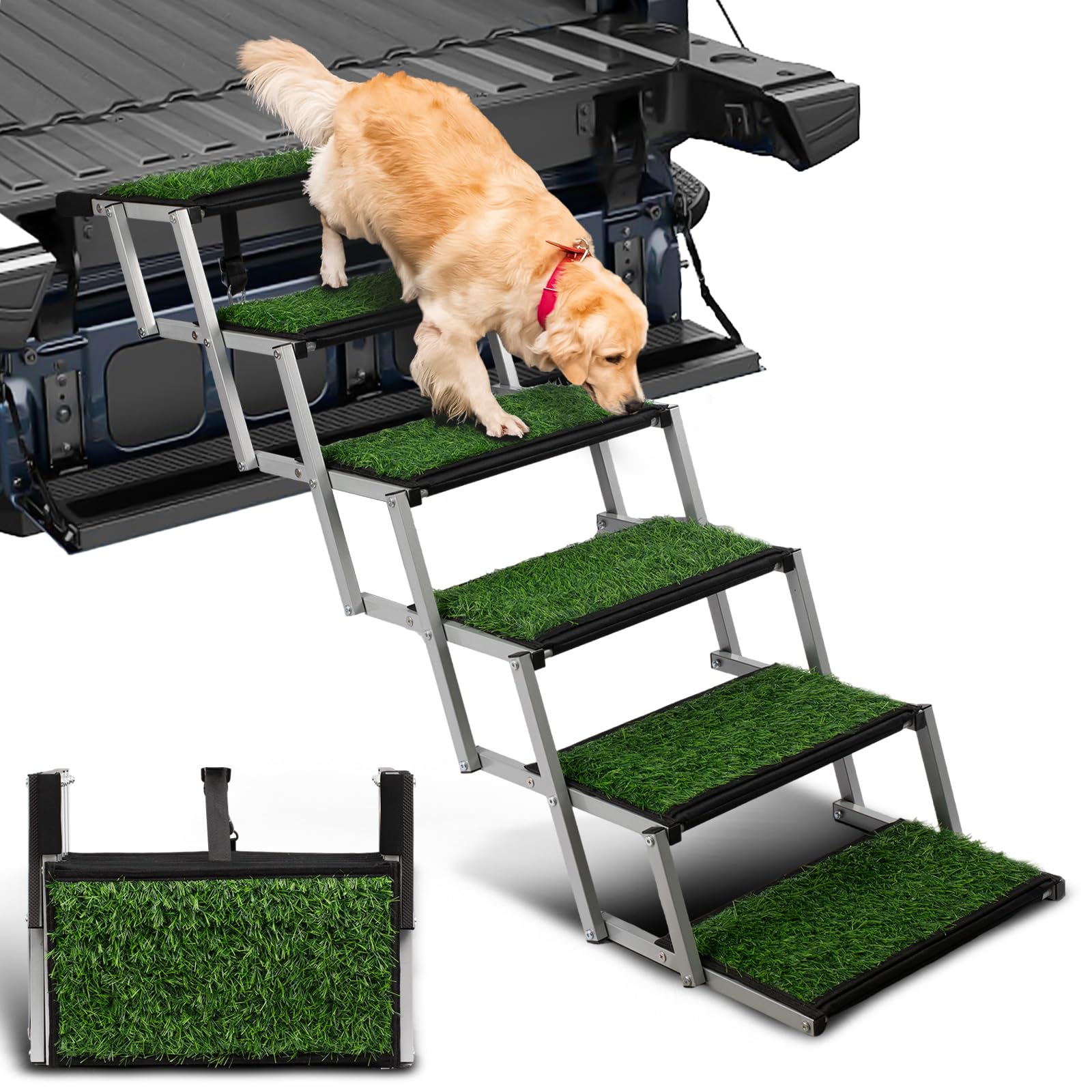 Photo 1 of Dog Stairs for Car, Portable Folding Dog Ramps,Dog Steps for Large Dogs with Non-Slip Grass Rug for Cars, SUV, Trucks, Lightweight Pet Ramp Supports Up to 200 lb, 6 Steps