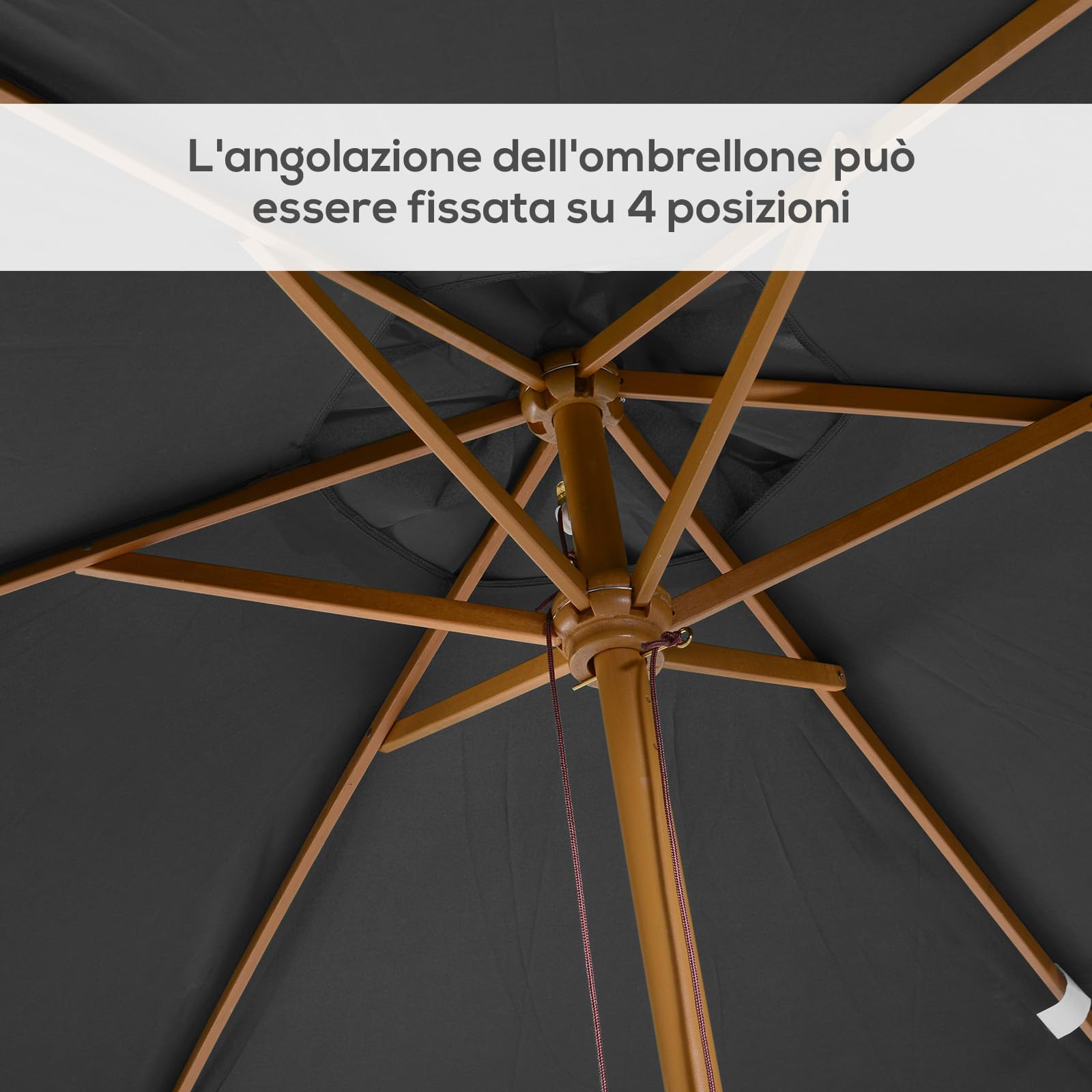 Outsunny Ombrellone da Giardino 2x3 m con Corda e Prese d'Aria, Ombrellone da Esterno con 6 Stecche in Legno, Bambù e Poliestere 180g/㎡, per Cortile, Terrazza e Balcone