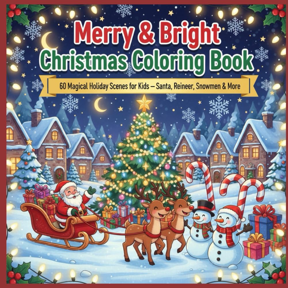 Merry & Bright Christmas Coloring Book: 60 Magical Holiday Scenes for Kids — Santa, Reindeer, Snowmen & More