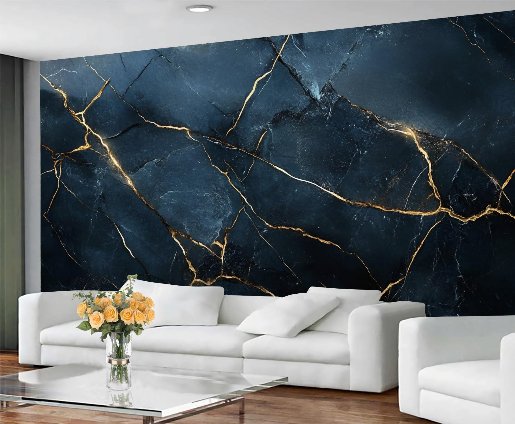 Generisch Light Luxury Wallpaper, Blue Gold Crack Marble Large Wallpaper for Living Room, Contemporary Marble Texture 200x200cm (Not Peel n' Stick)