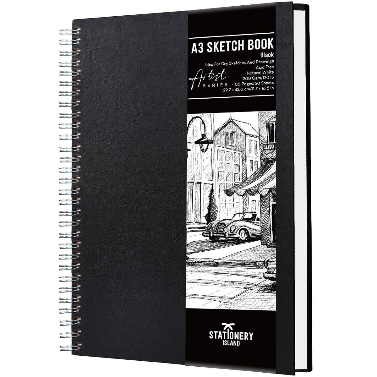 STATIONERY ISLAND Sketchbook A3, Cuaderno de Dibujo Tapa dura, 200 g/m² de papel de grueso, Cuaderno de bocetos con encuadernación en espiral, Libro de dibujo 50 hojas / 100 páginas