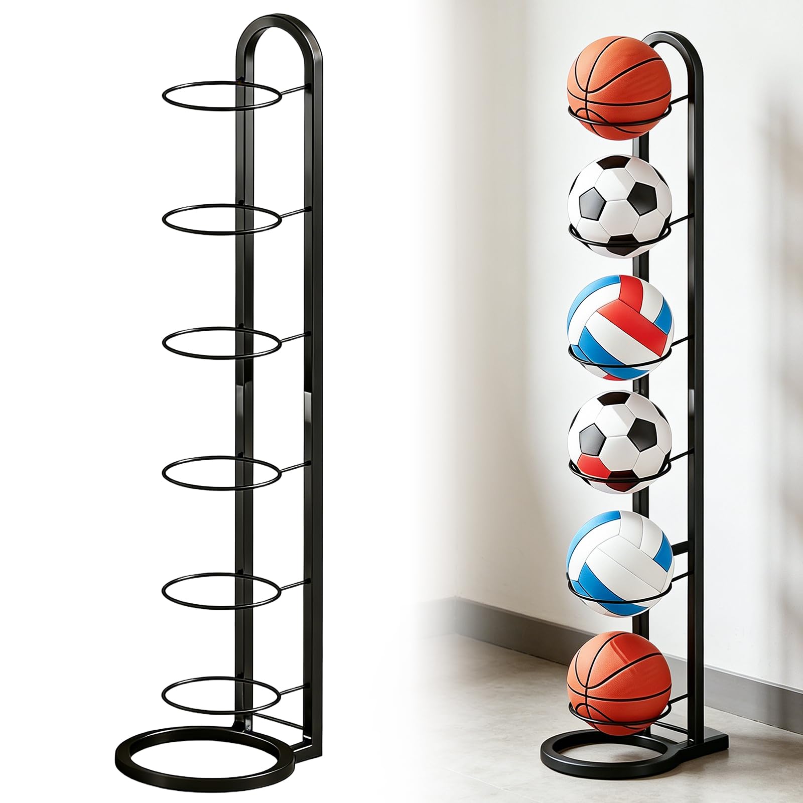 BYZESTY Support De Balle Verticale À 6 Niveaux, Support De Rangement Vertical pour Balles, Organiseur De Basket-Ball, Porte Ballon Basket, Support Ballon Foot, Verticale Support Ballon Basket