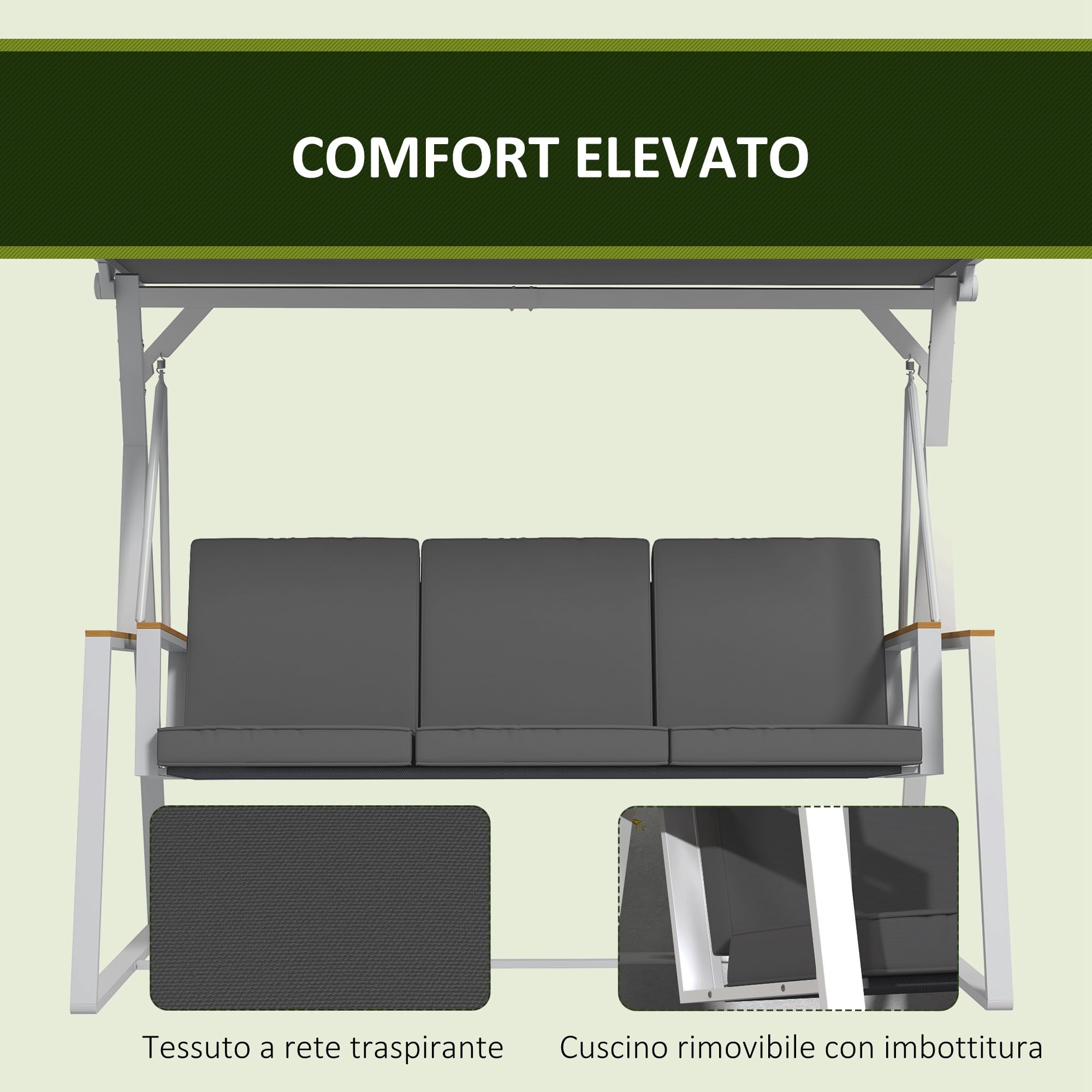 Outsunny Dondolo 3 Posti con Tettuccio Inclinabile e Cuscini, Dondolo da Giardino in Acciaio con Seduta Traspirante, 205x130x175 cm, Grigio Scuro