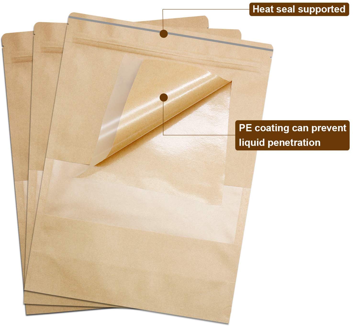 YFOX 50 pièces sac en papier kraft zip petit sac en papier avec fenêtre sac ziplock alimentaire-adapté aux graines de thé de café de fruits secs ( 12x20cm