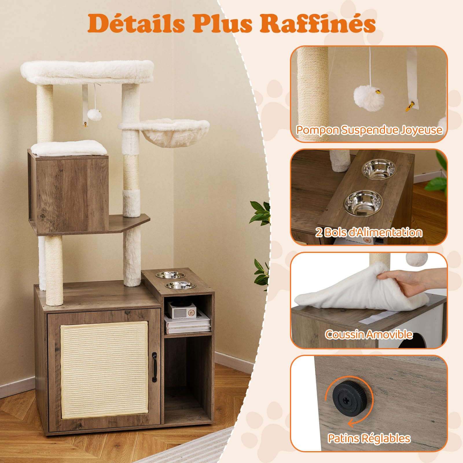 COSTWAY Arbre a Chat avec Litiere Intégrée, Tapis et Poteau à Griffer en Sisal, Plateforme, Panier, Condo, Arbre à Chat XXL, 2 Gamelles, Coussin Amovible, Pompon, Patins Réglables (155 cm,Gris)
