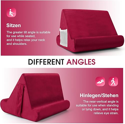 Miniatura 6 de Soporte para tablet multiángulo con almohadilla suave y bolsillo de red, soporte universal para teléfono y almohadilla para regazo, rodilla, sofá y