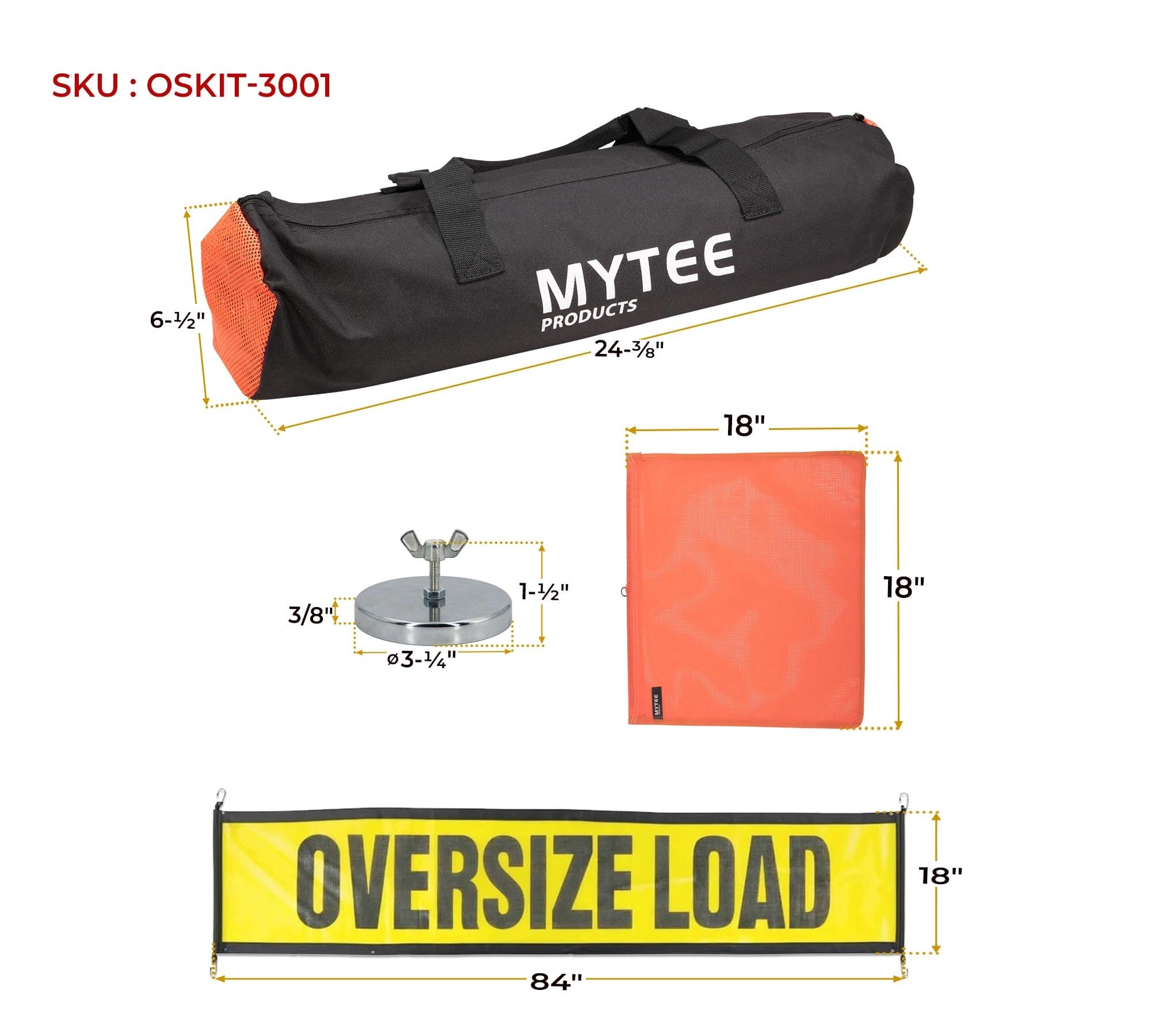 Mytee Products Kit de 15 letreros de carga de gran tamaño, 2 pancartas de carga de gran tamaño, 4 banderas rojas y 4 banderas de advertencia de malla naranja con lazo de alambre, 1 bolsa y 4 soportes