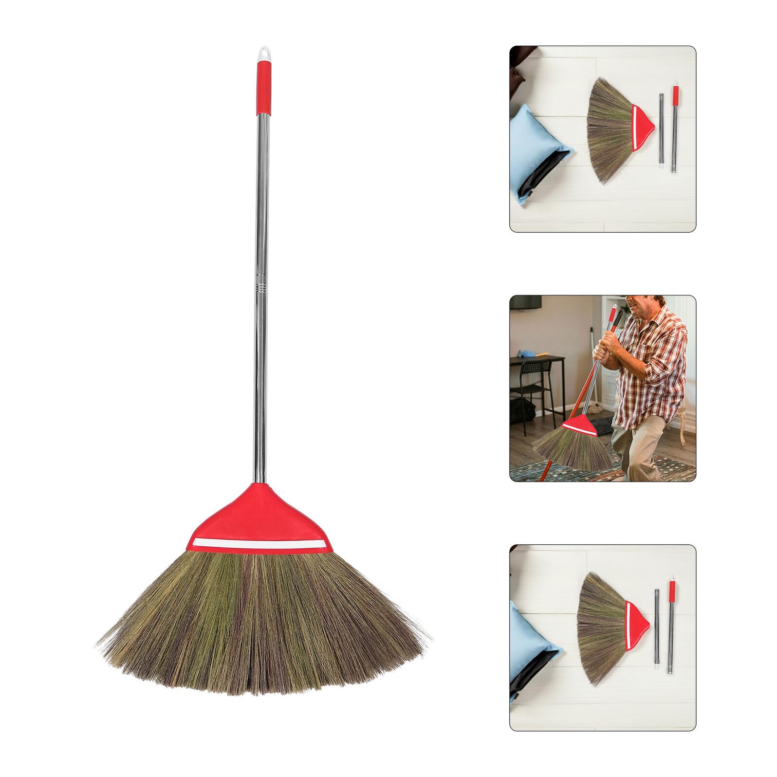 Garneck Handgefertigter Asiatischer Küchenbesen aus Naturgras Weicher Besen für Holzböden 106cm Roter Stiel Vielseitiger Handbesen für Innen und Außenreinigung