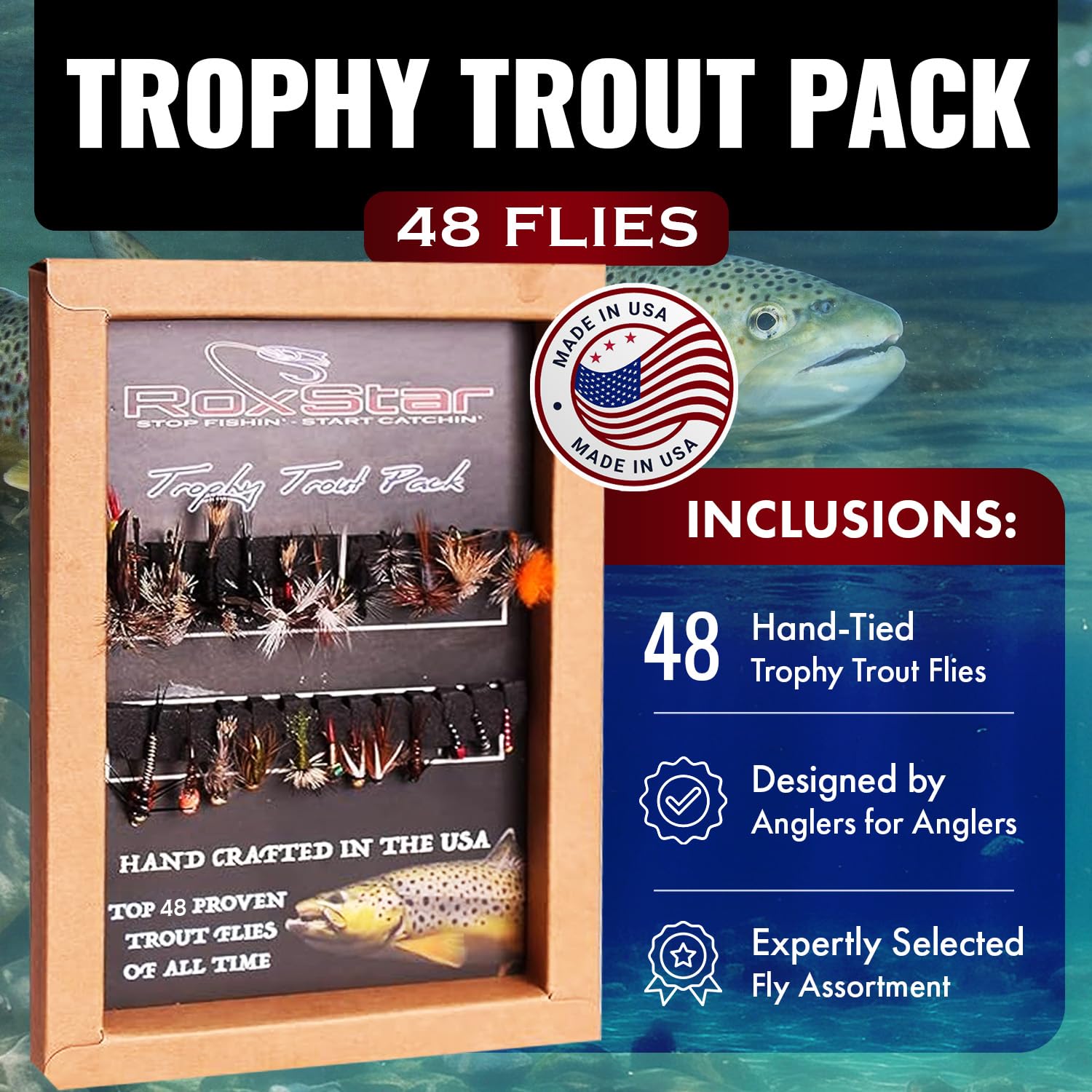 RoxStar Fishing Fly Shop | Trophy Trout Fly Assortment | Wet & Dry Trout Flies | Gift Box Included. | Proudly Made in The USA...