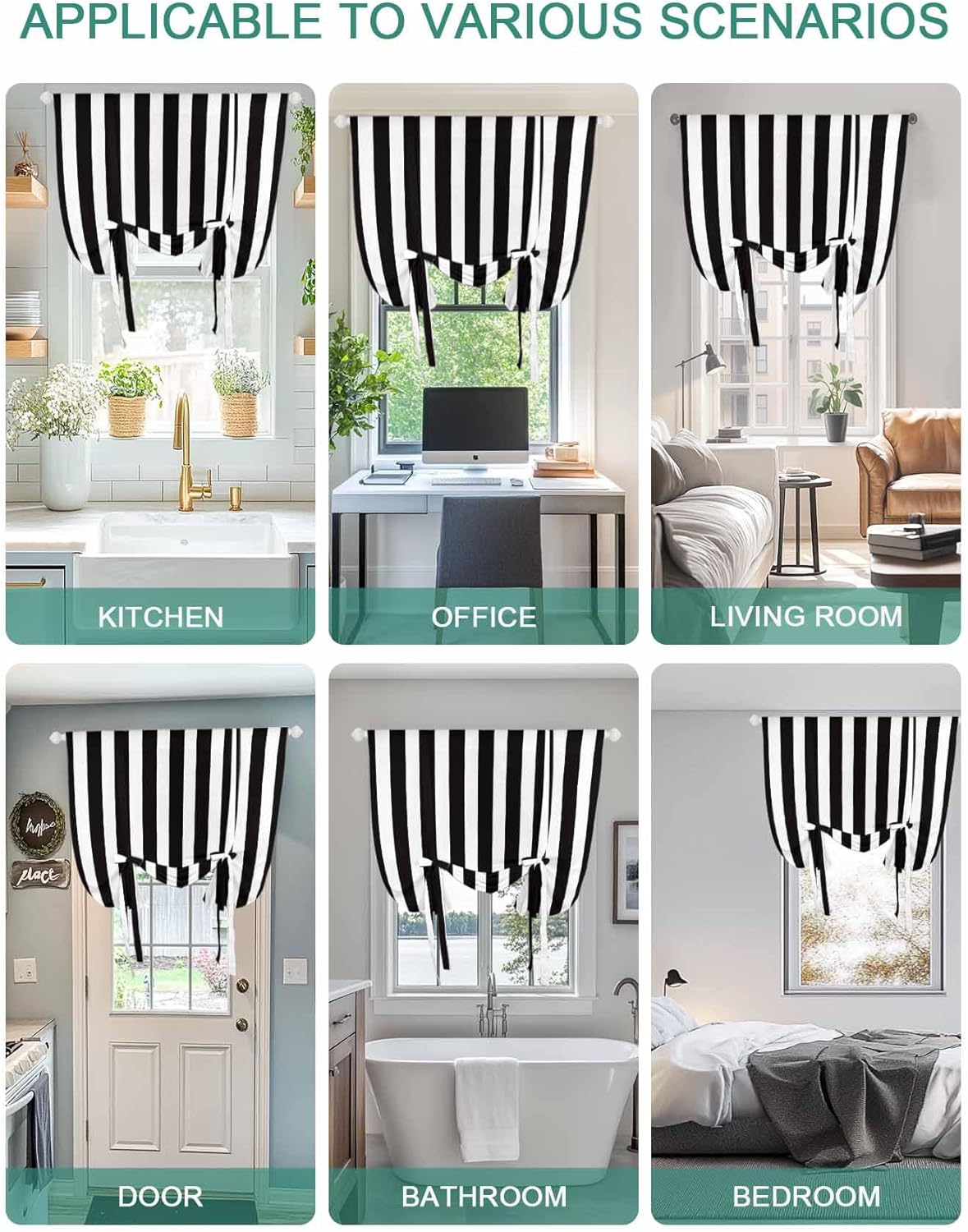 Tie Up Curtain for Windows, Black and White Stripes Balloon Rod Pocket Curtains Adjustable Tie-up Shade Valance for Kitchen, Modern Geometric Art Window Treatment 1 Panel 42x45in