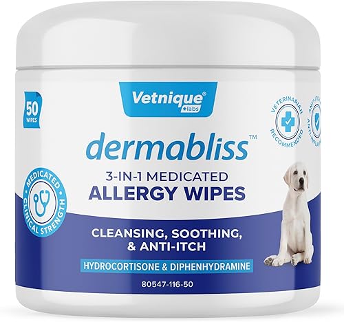 Vetnique Dermabliss - Toallitas medicinales 3 en 1 para perros, alivio para la picazón en la piel, alergias y control de olores, fórmula suave sin
