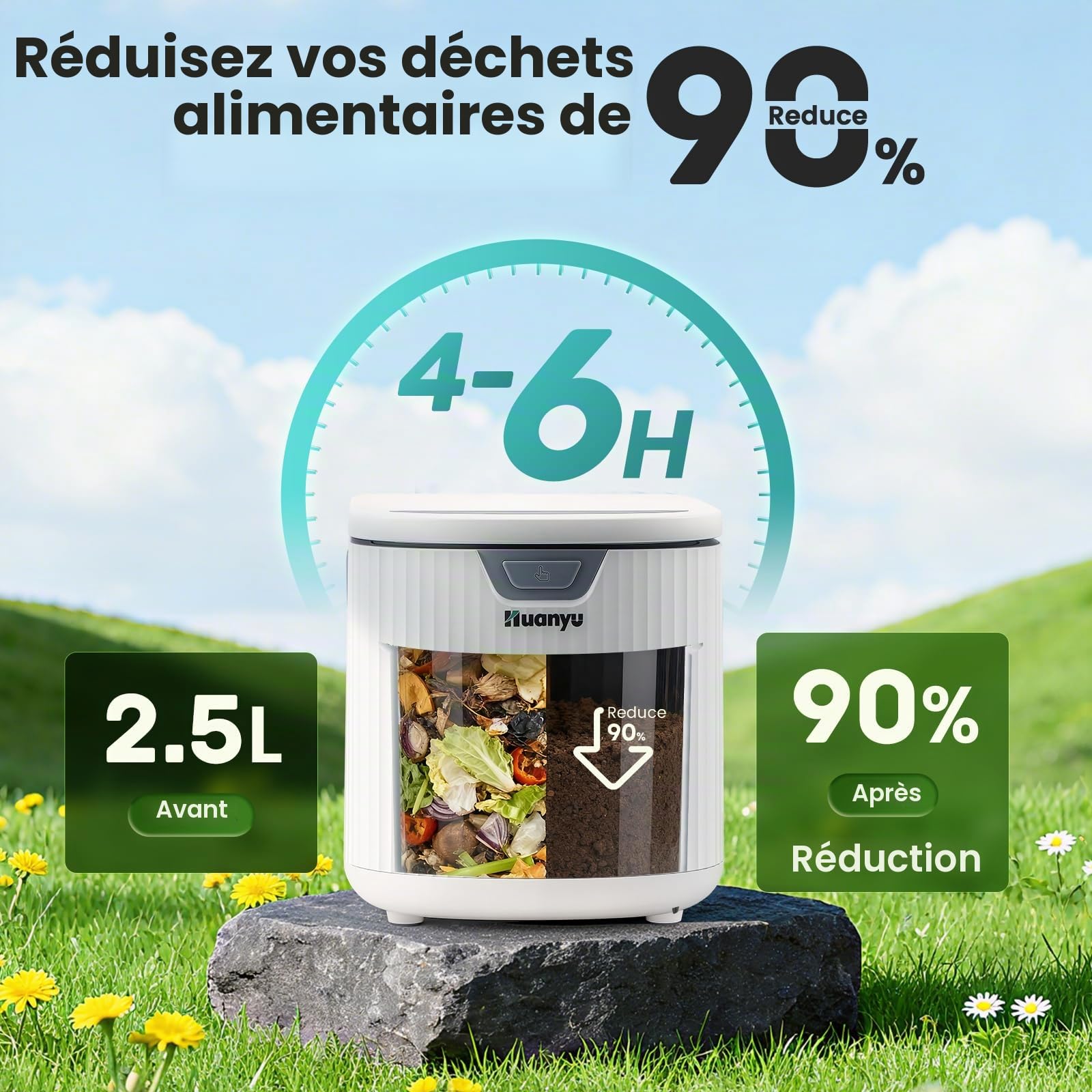 Huanyu Composteur électrique pour Cuisine 2,5 L Composteur électrique pour Cuisine Recycleur Alimentaire d'intérieur sans Odeur avec Fonction de Nettoyage Automatique Faible Niveau sonore