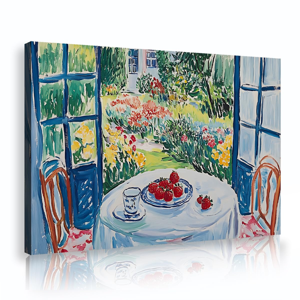 Via Vela Summer Garden Window Framed Canvas Artwork Living Room Fauvism Fruit Courtyard Painting Colorful Pictures Posters for Bedroom Decor Ready to Hang 60x90cm