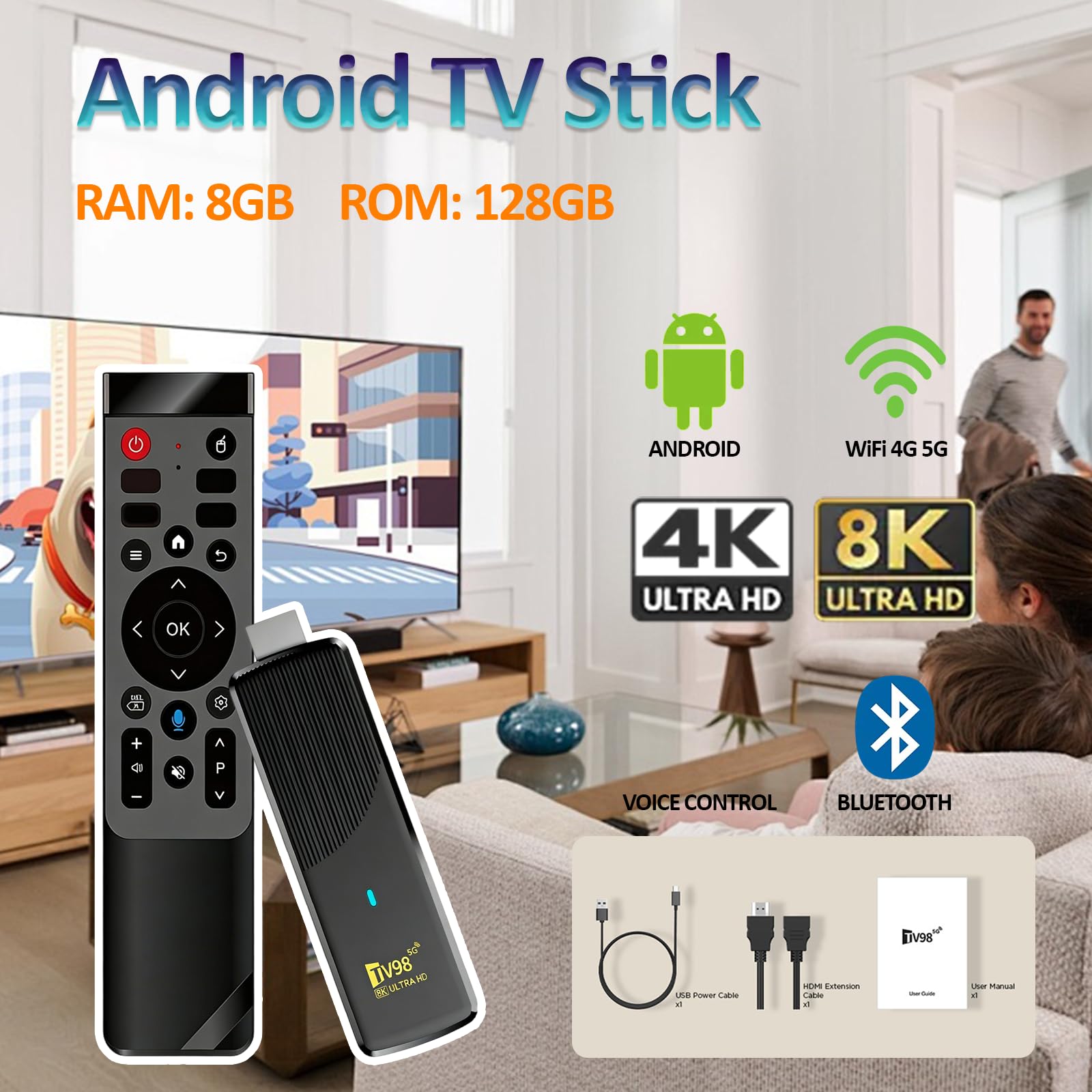 Android 14 OS Bluetooth TV Stick, Streaming Stick 8K, 8 GB RAM, 128 GB ROM, obsługuje Wi-Fi 2,4 G/5 G, odtwarzacz multimedialny HDR10+, lekki i łatwy do przenoszenia