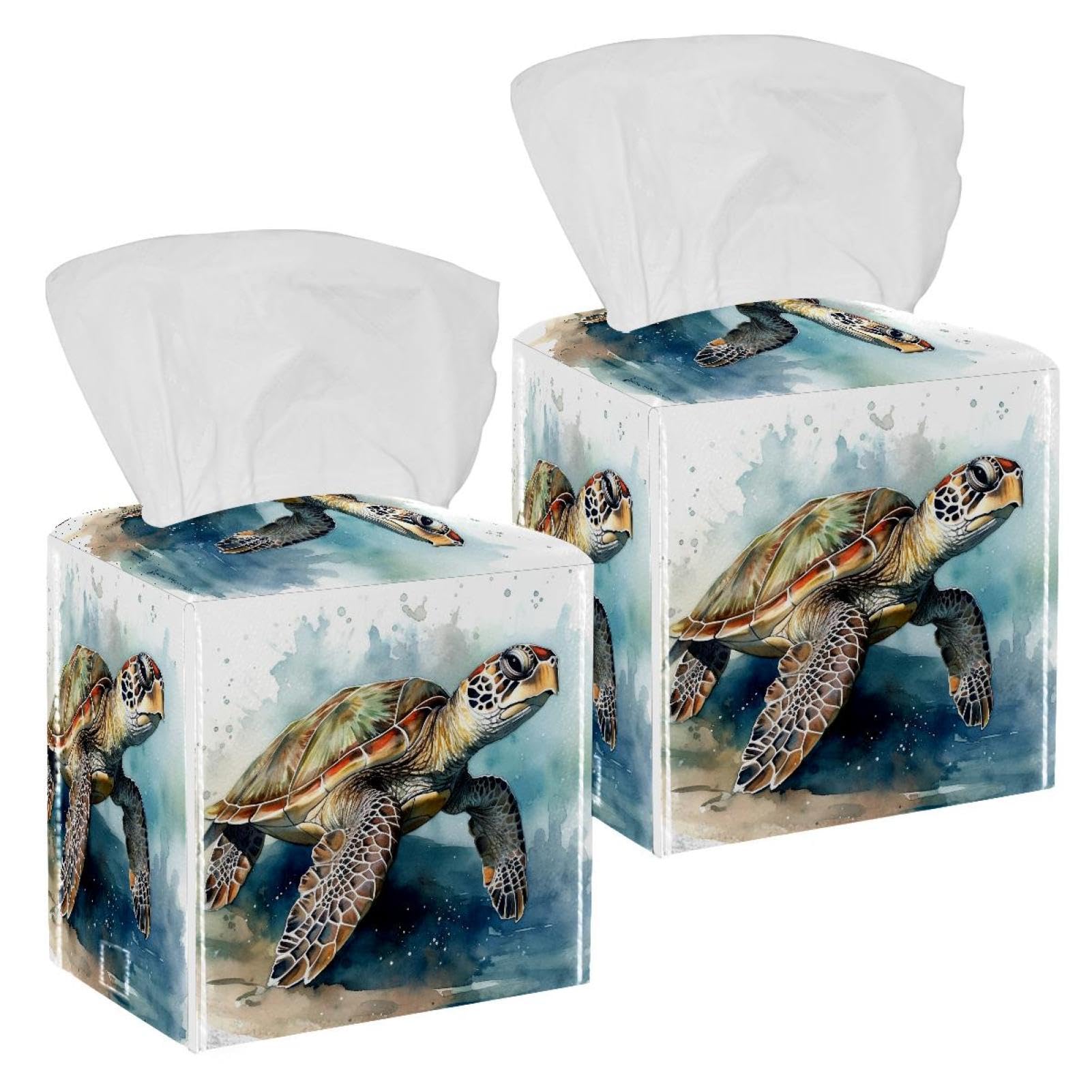 Sea Turtle Tissue Box Cover, 2 Pack PU Leather Square Facial Tissue Dispenser Box holder for Home Office Car
