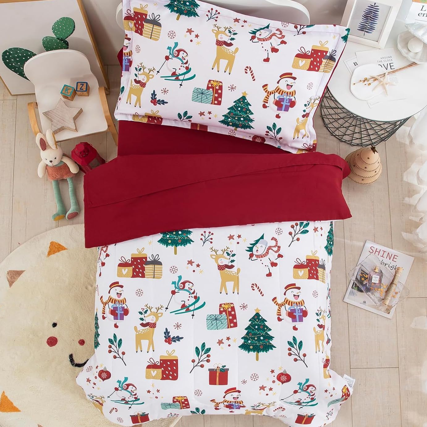 WONGS BEDDING Toddler Bedding Set, Snowman Elk Christmas Tree Pattern, 4 Piece Soft Microfiber Christmas Bed Set