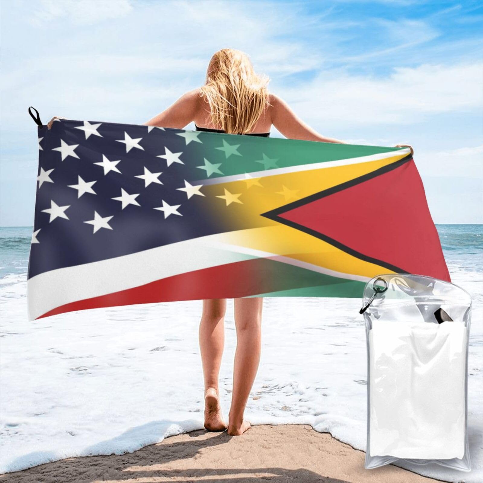 HACXZ Funny America Flag and Guyana Guyanese Flag Absorbent Beach Towel Microfiber Beach Shower Towel 31.5"X63"