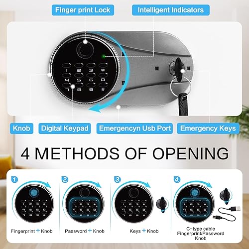 Miniatura 6 de Caja fuerte biométrica de 0.6 pies cúbicos, segura para huellas dactilares con bolsa ignífuga, estante extraíble, sistema de alarma, caja de dinero