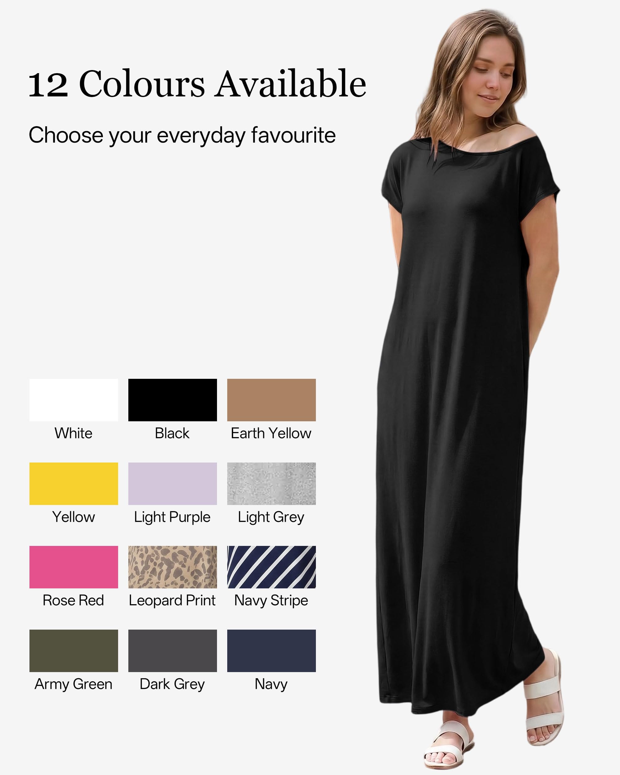 Maxi abito casual da donna con tasche, vestibilità ampia, estivo, a maniche corte, in viscosa, per spiaggia e vacanze, S-3XL