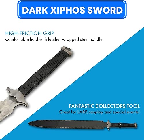Miniatura 4 de SZCO Espada Xiphos oscura de 37 pulgadas, réplica de espada medieval de doble filo con funda de cuero, hoja de acero al manganeso, mango envuelto en