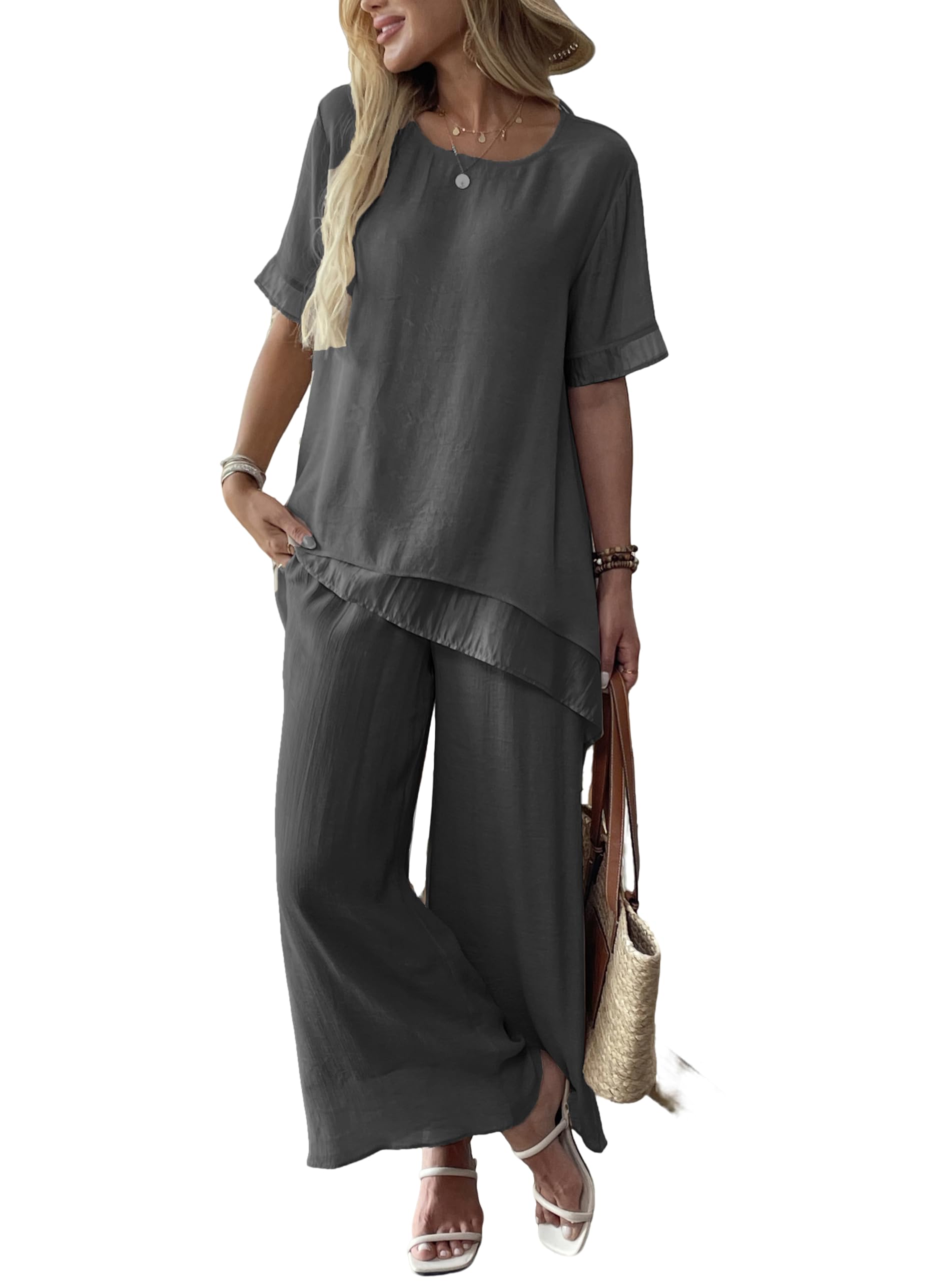 Fakanhui Completo da donna in lino a 2 pezzi, con ampia vestibilità e camicetta, estiva, elegante, a gamba larga, pantaloni a palazzo